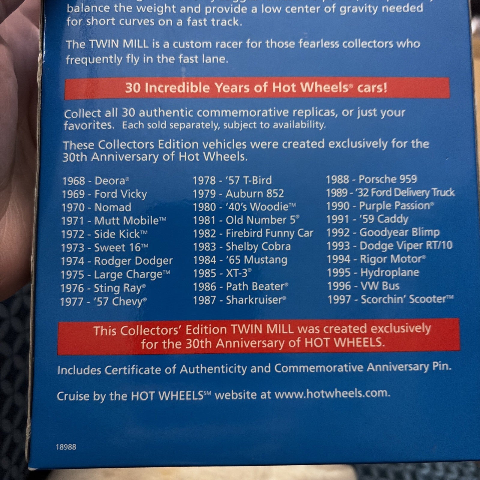 1:64 HW 30 Years 1969 Authentic Commemorative Replica Twinmill w/COA & Pin New