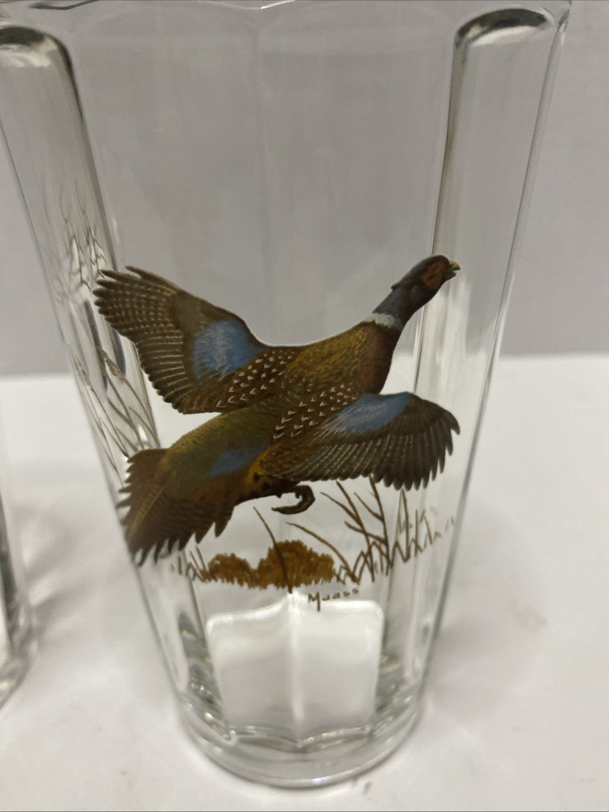 Vtg David Maass Pheasant Glass & Ruffed Grouse Clear Ribbed Pint Glass