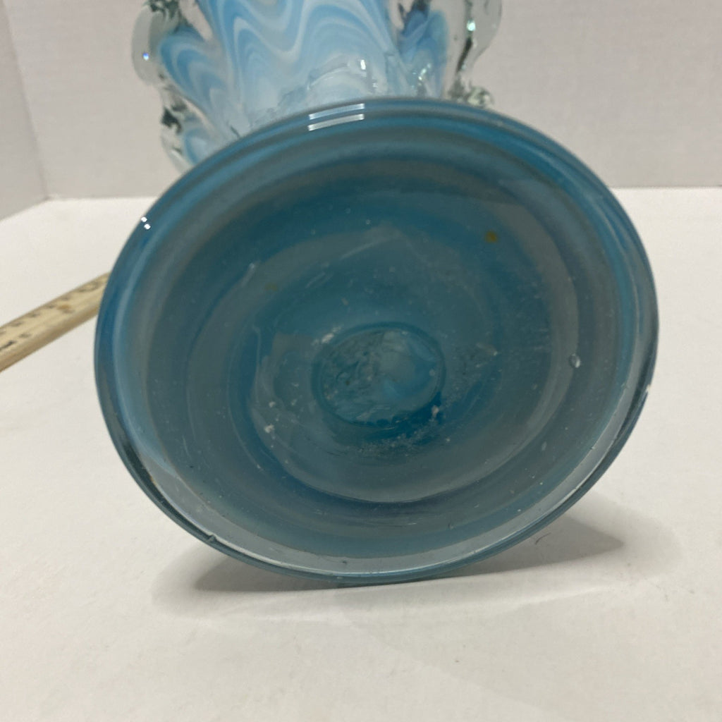 Vintage Hand Blown Art Glass Blue & White Swirl Design 11” Vase