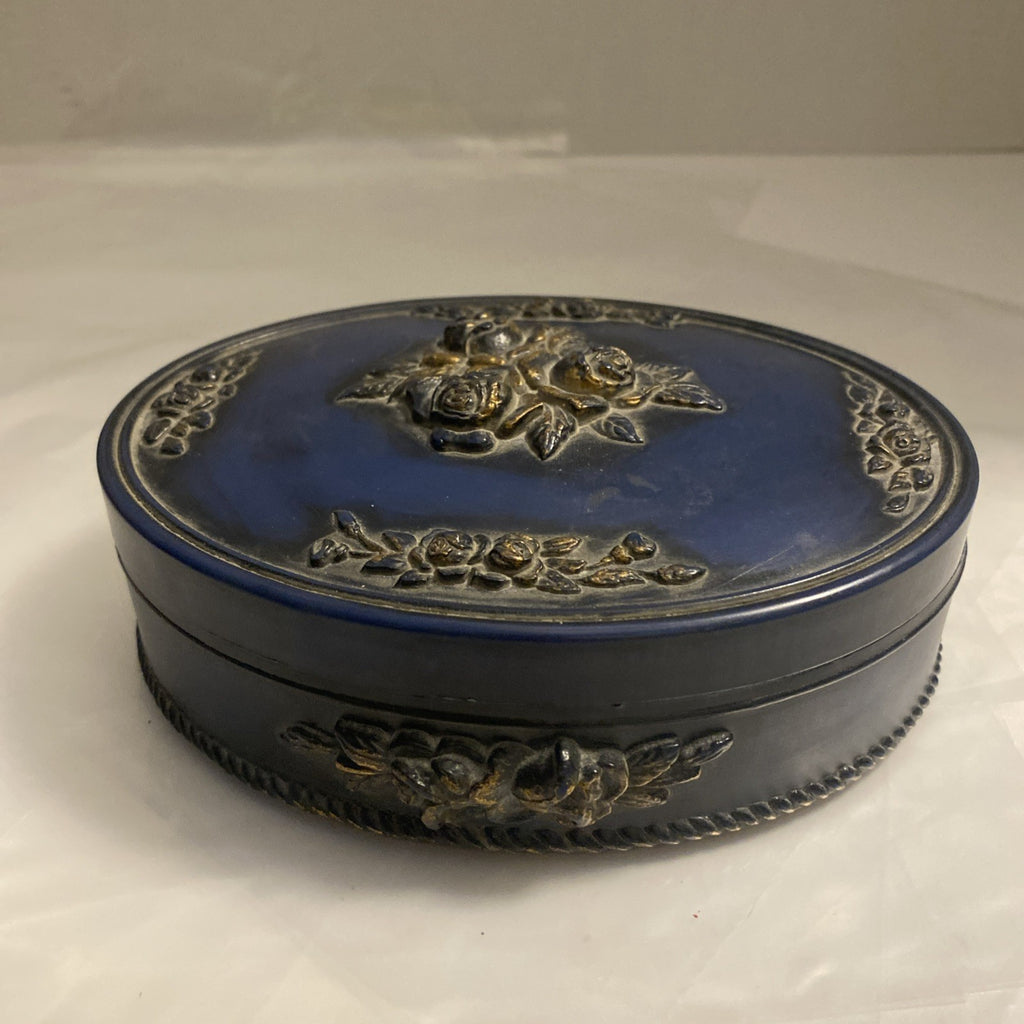 Blue and Gold Hand Painted Trinket Dresser Box w/ Lid Raised Roses Oval 6"x5"x1"
