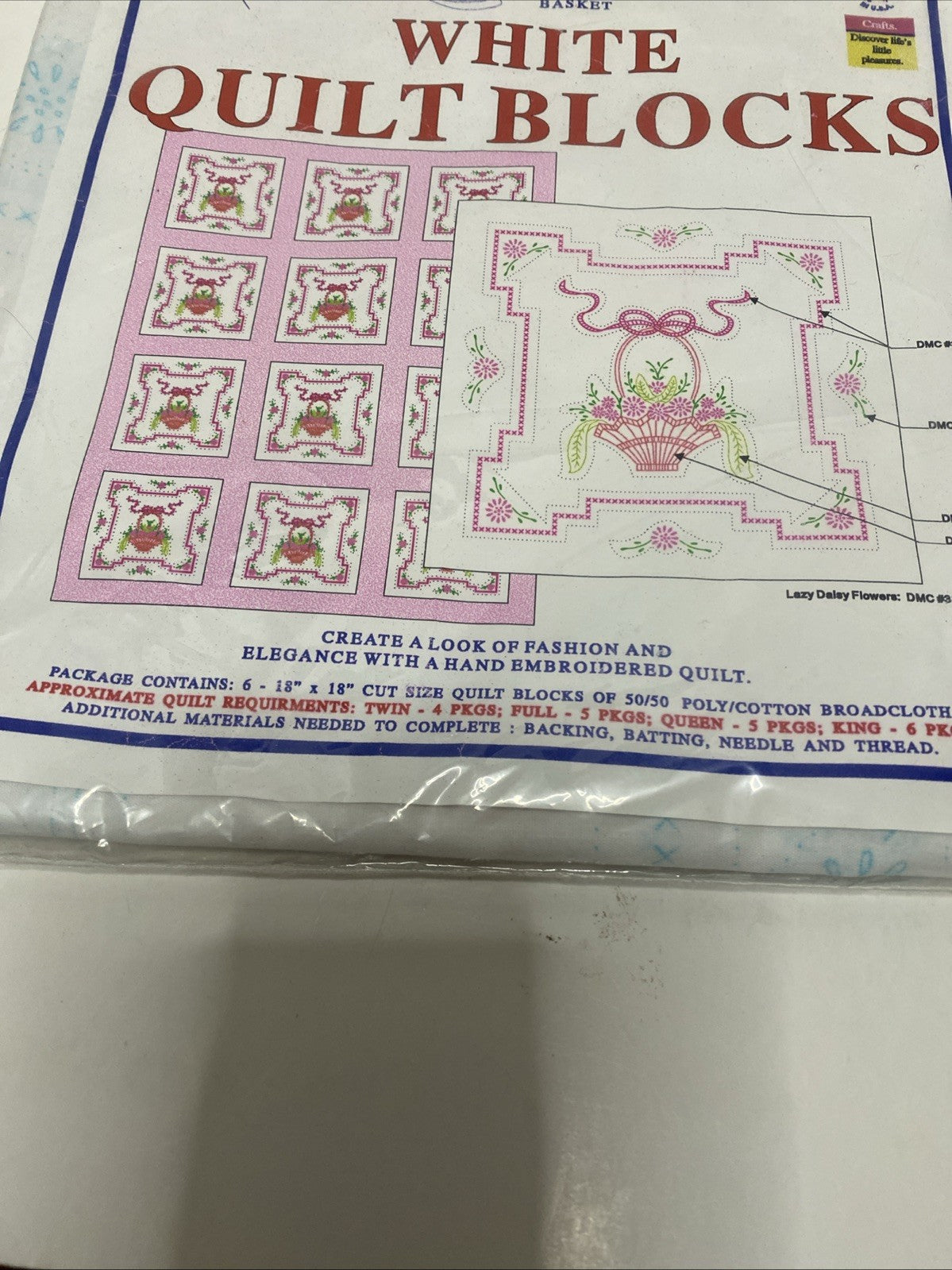 Jack Dempsey White Quilt Blocks #732~ Floral Design ~ NEW Set of 6 - 18" x 18"
