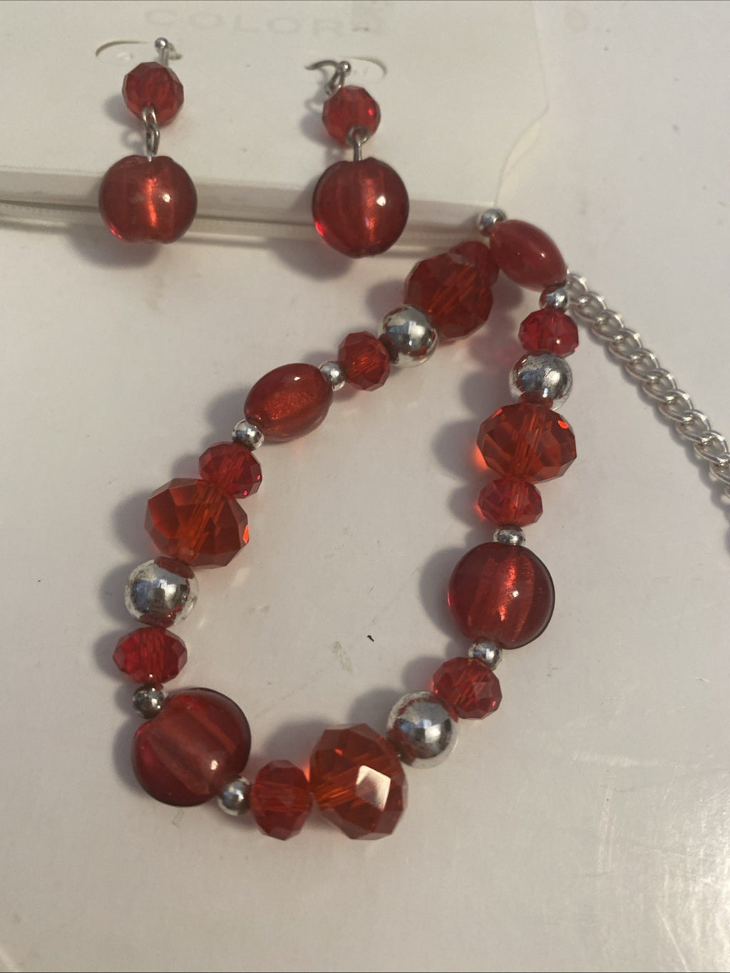 gemstone necklace pendant red clear balls w diamonties bracelet, and earring set