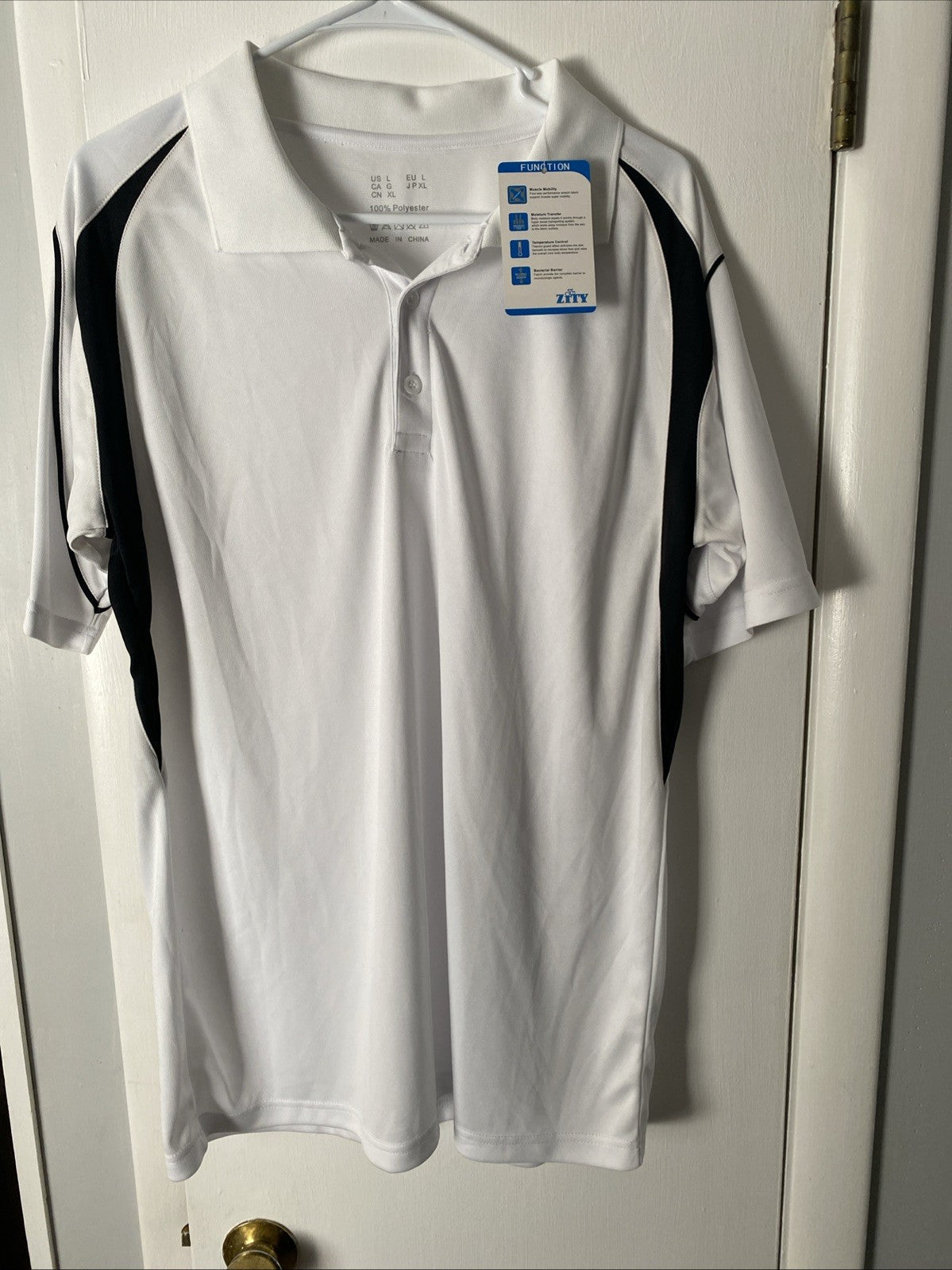 Zity sports  large short sleeve polo shirt white black stripes NWT