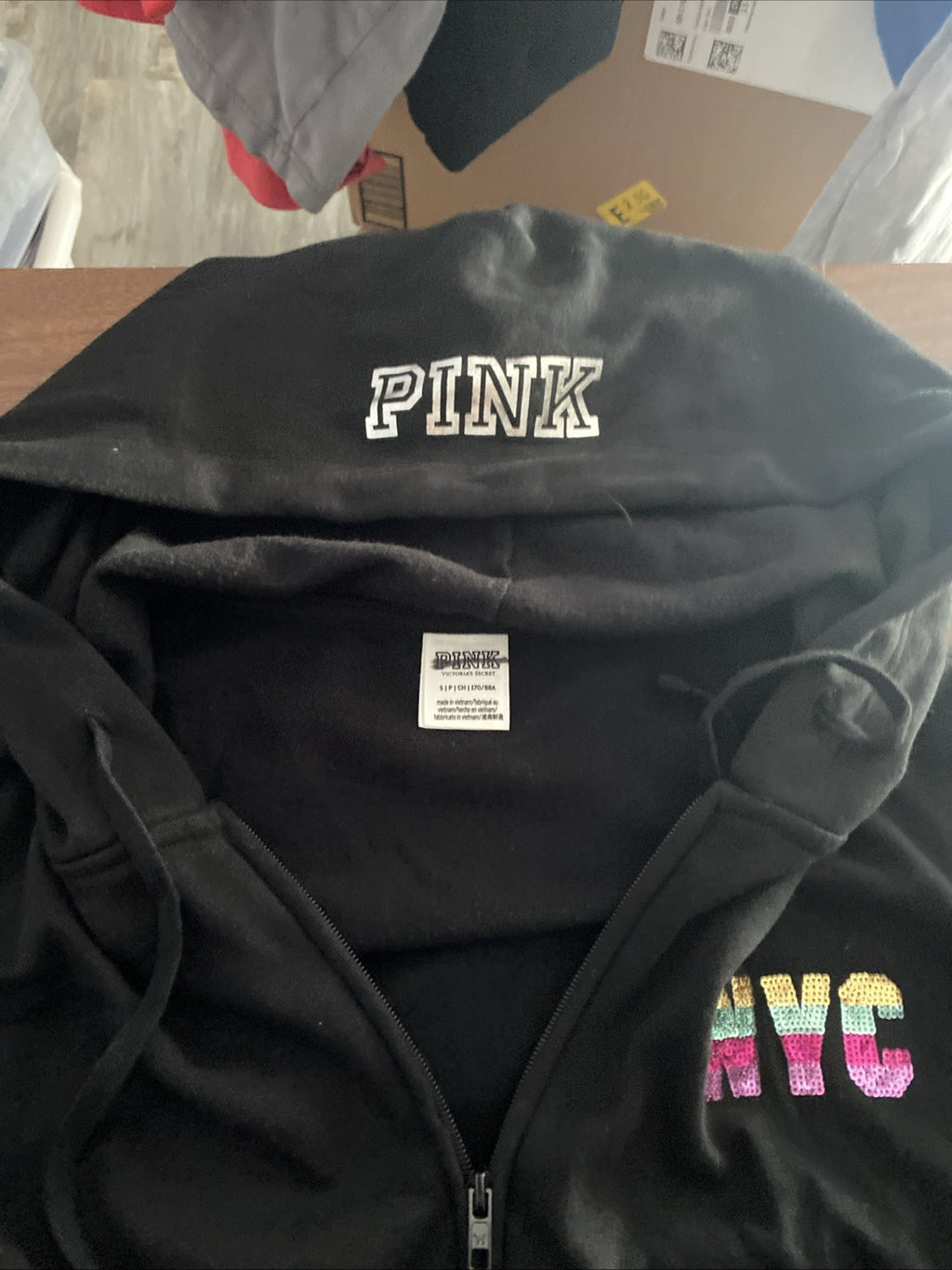 Pink Victoria’s Secret love pink NYC black women’s small hoodie zip up