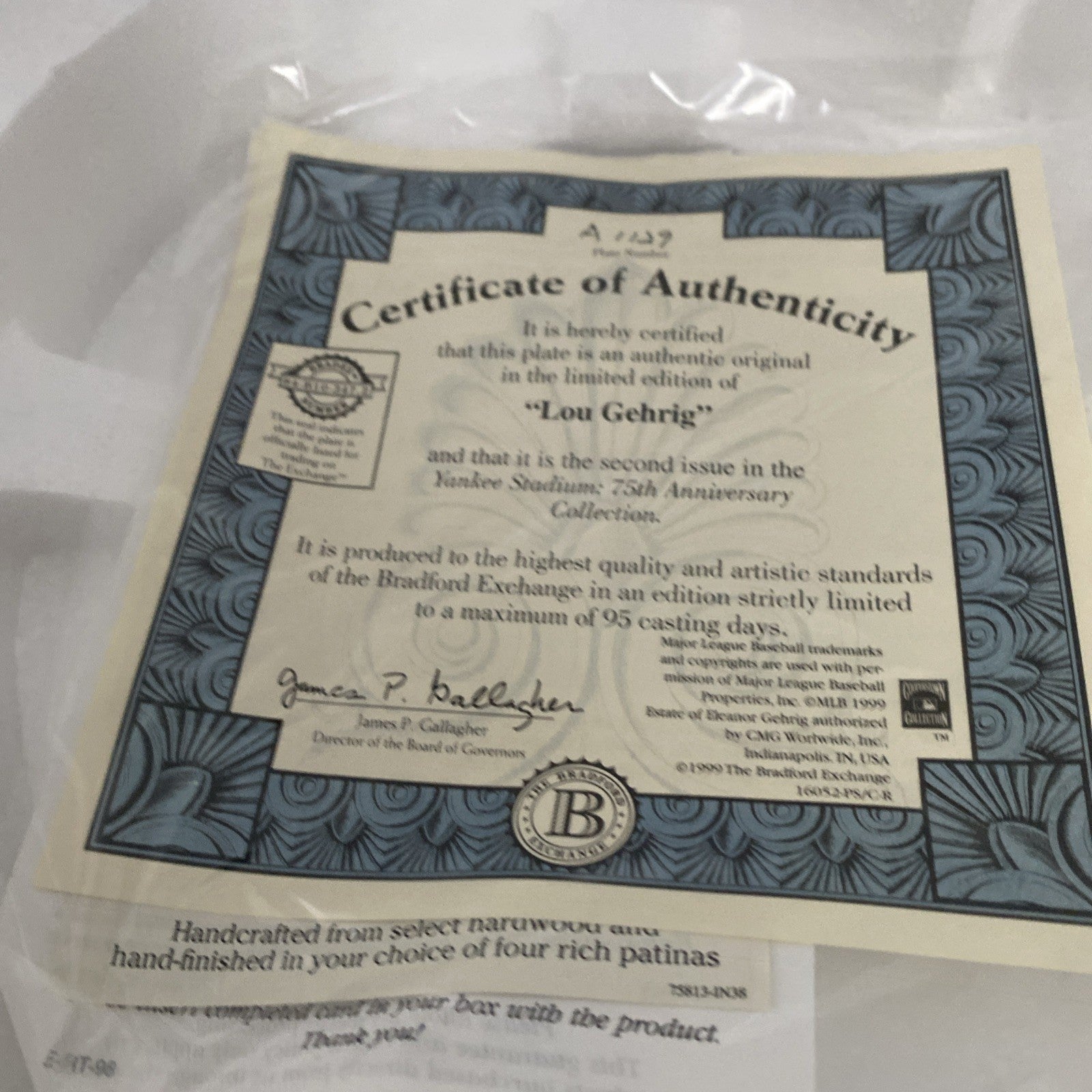 Rare The Iron Horse “Lou Gehrig” Limited Edition Plate Yankee Stadium 1999 Coa