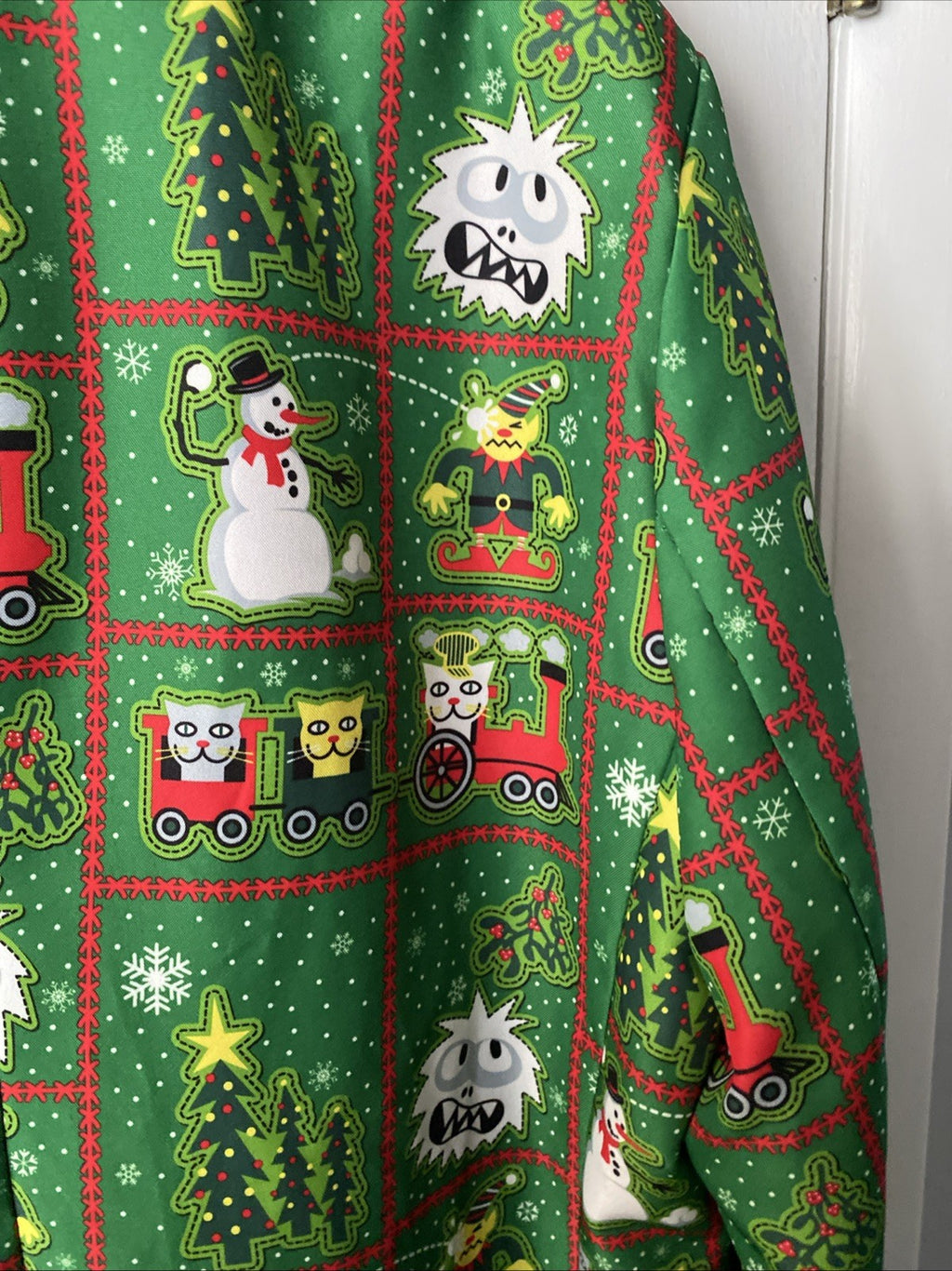 Men's Abominable Snowman Elf Cats Ugly Christmas Party Green Blazer Size XL