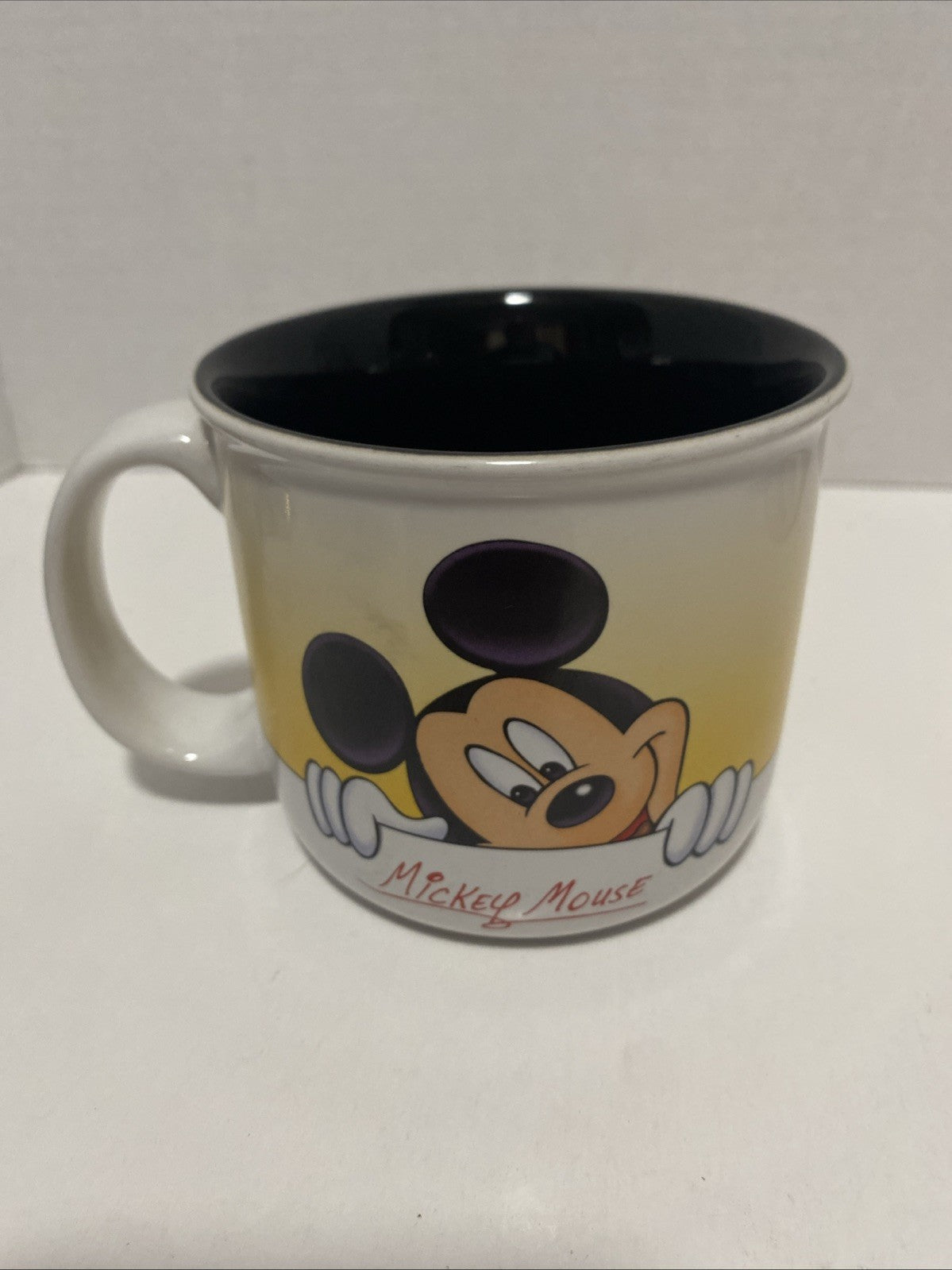 Disney Mickey Mouse Coffee Mug Yellow White Black Interior WDW Ceramic