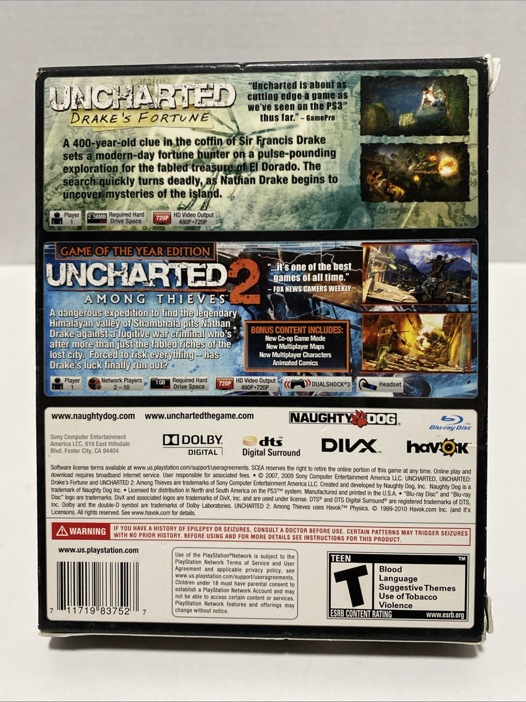 Uncharted Dual Pack (Sony PlayStation 3, 2011) Complete with Manuals