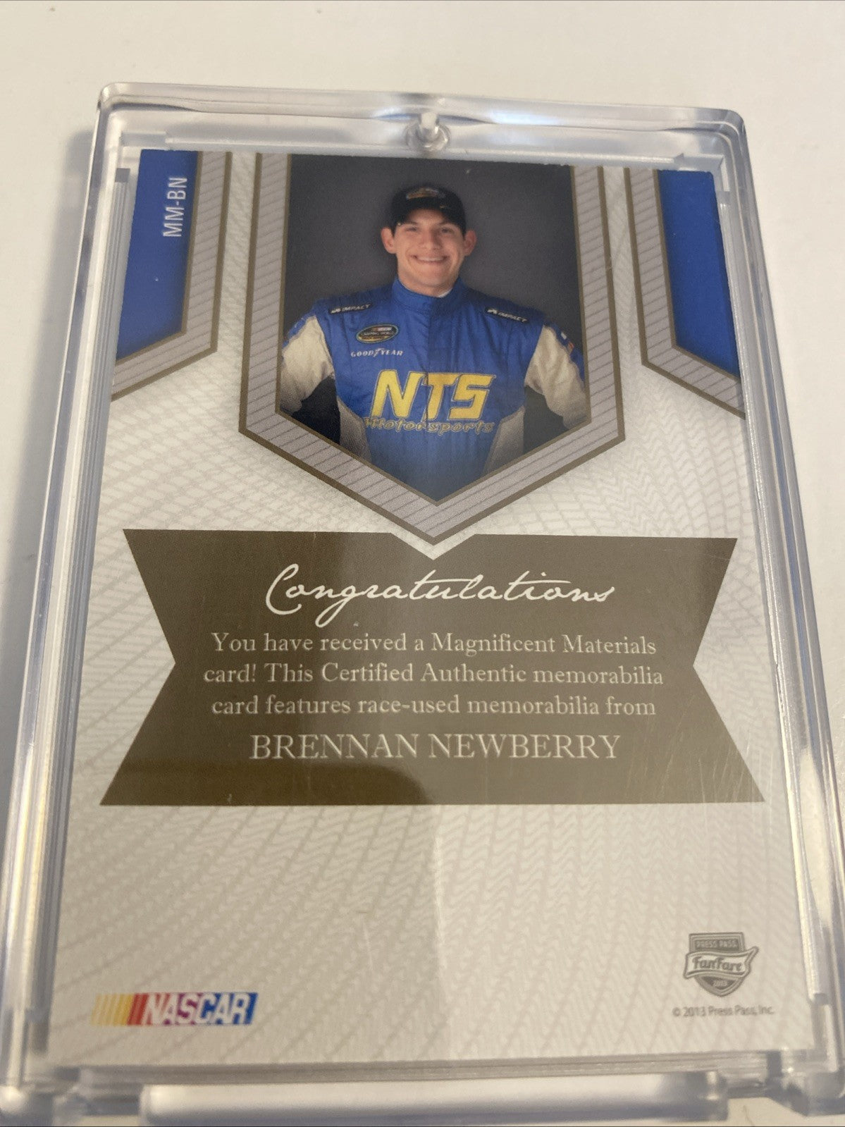Brennan Newberry Press Pass Magnificent Materials 2013 Card MM-BN Race-Used Shoe