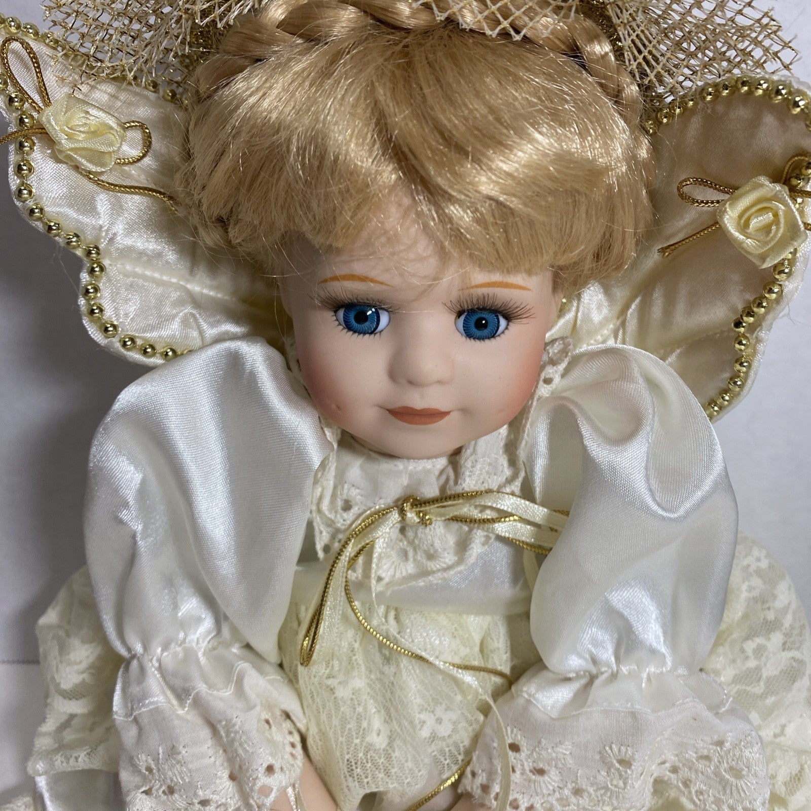 18” Porcelain Angel Doll with Gold Embellished White Satin & Lace Dress