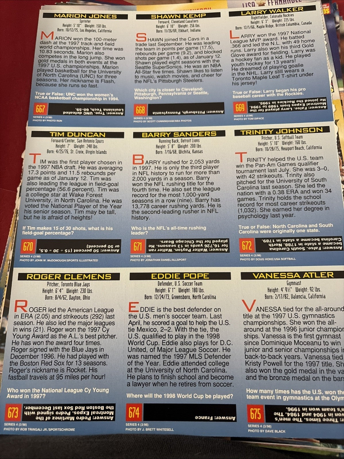 Sports Illustrated Kids 1998 03 March Uncut Card Sheet Tim Duncan Shawn Kemp