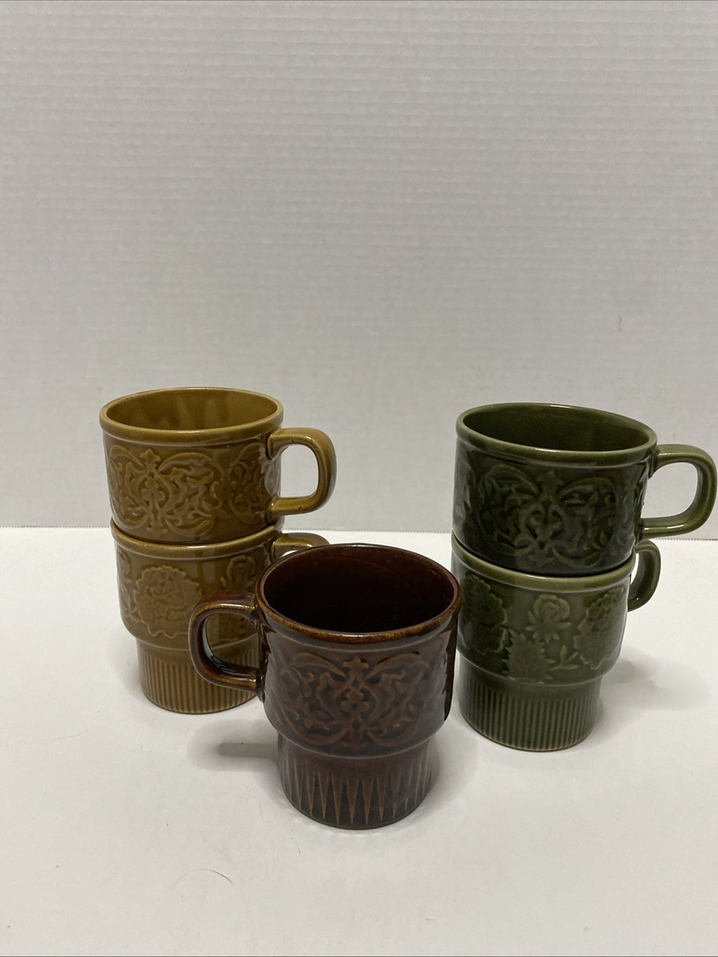 Brown Floral Mugs Japan Set Of 5 Retro Stacking Coffee Cups Vintage