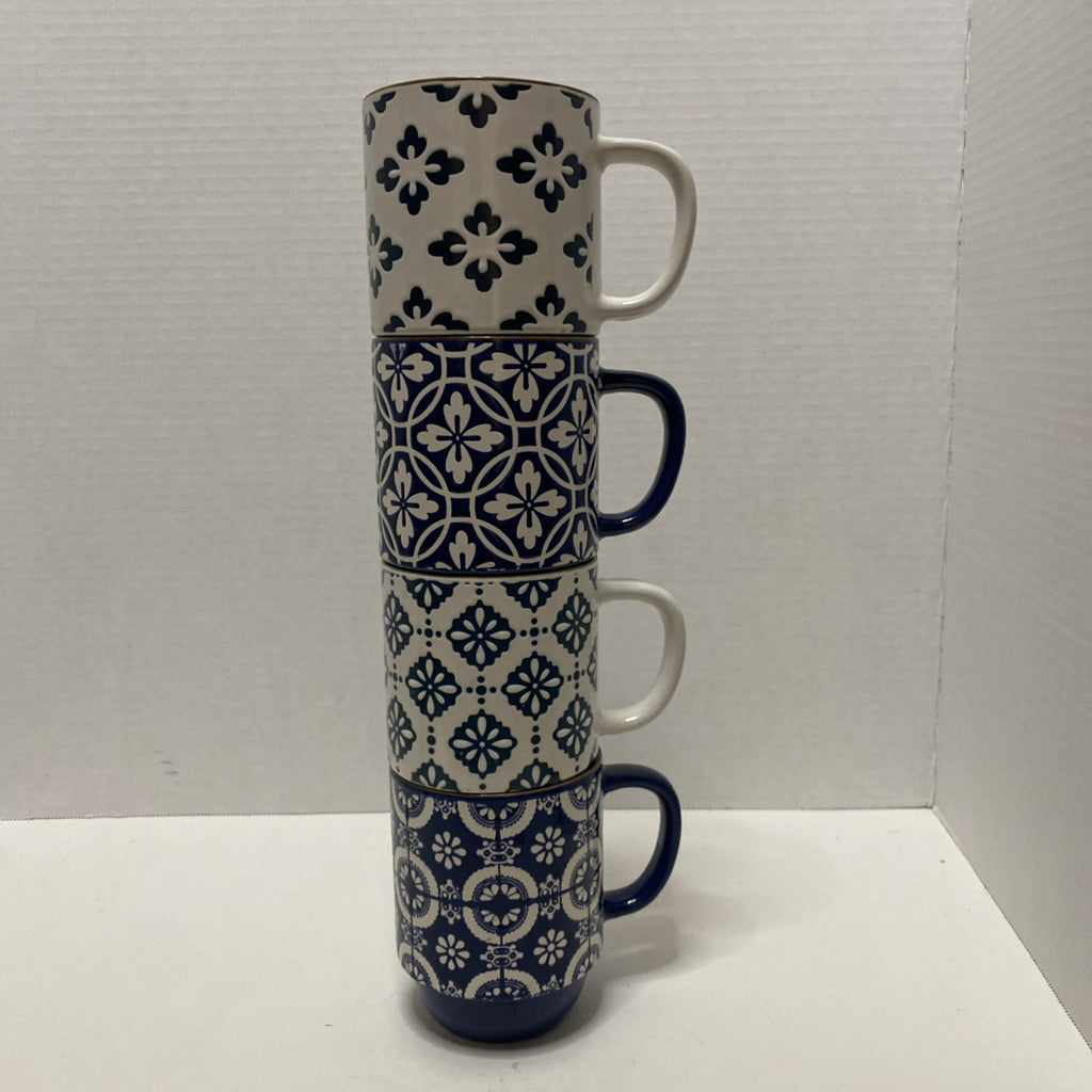 Boston Warehouse Set of 4Blue Print on White Stackable Coffee Mugs