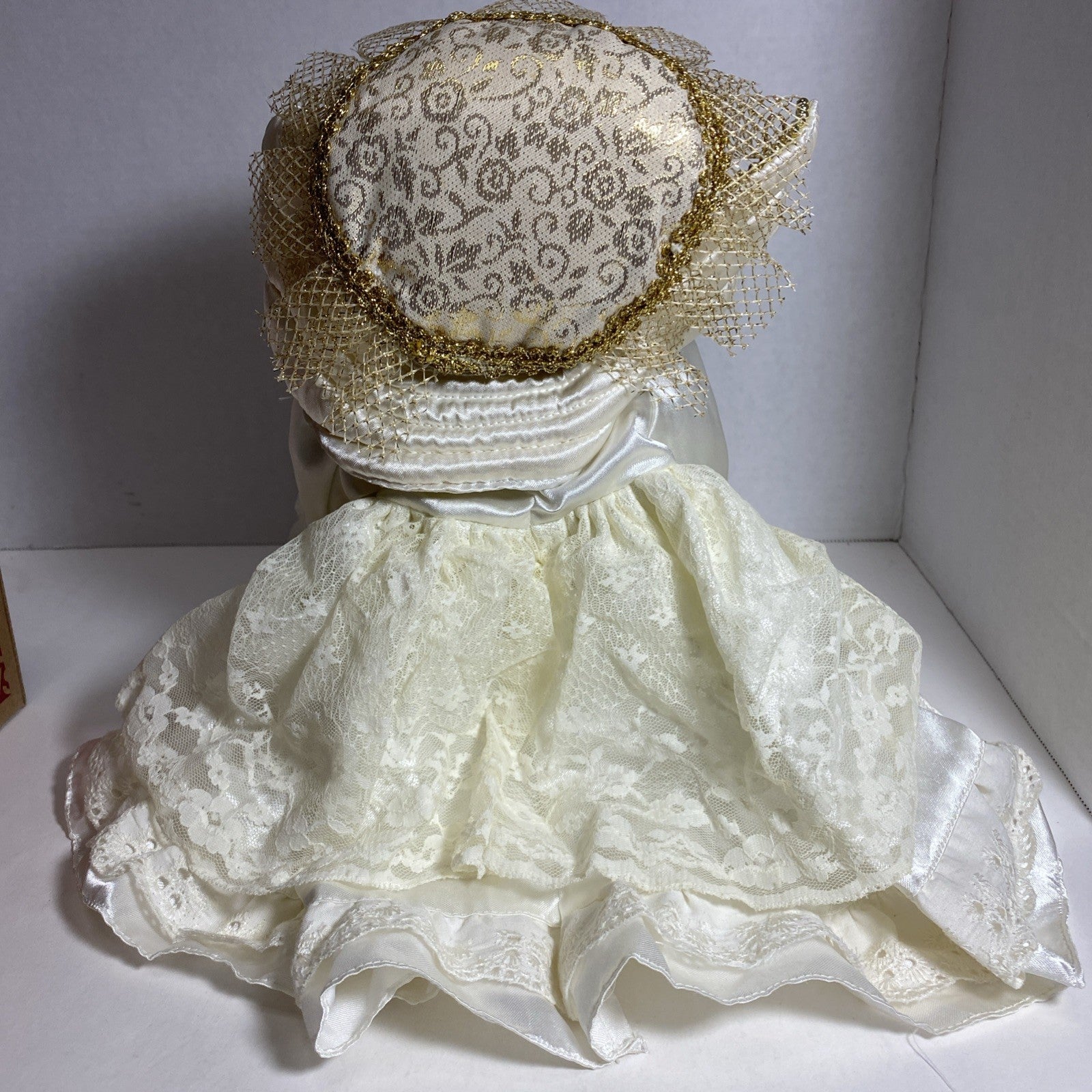 18” Porcelain Angel Doll with Gold Embellished White Satin & Lace Dress