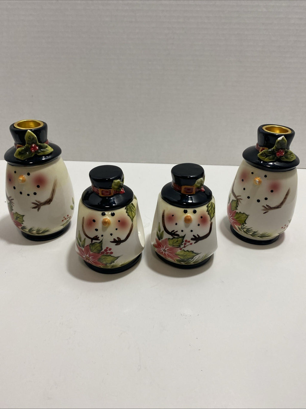 Lot Of 2 Poinsettia Snowman Napkin Ring Holders And 2 Candle Holders