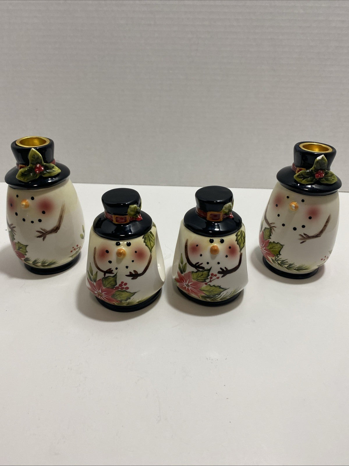 Lot Of 2 Poinsettia Snowman Napkin Ring Holders And 2 Candle Holders