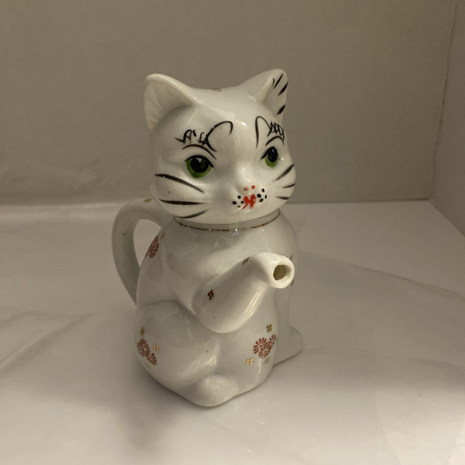  Lucky Cat Teapot or Creamer Hand Painted Ceramic Chinese VTG
