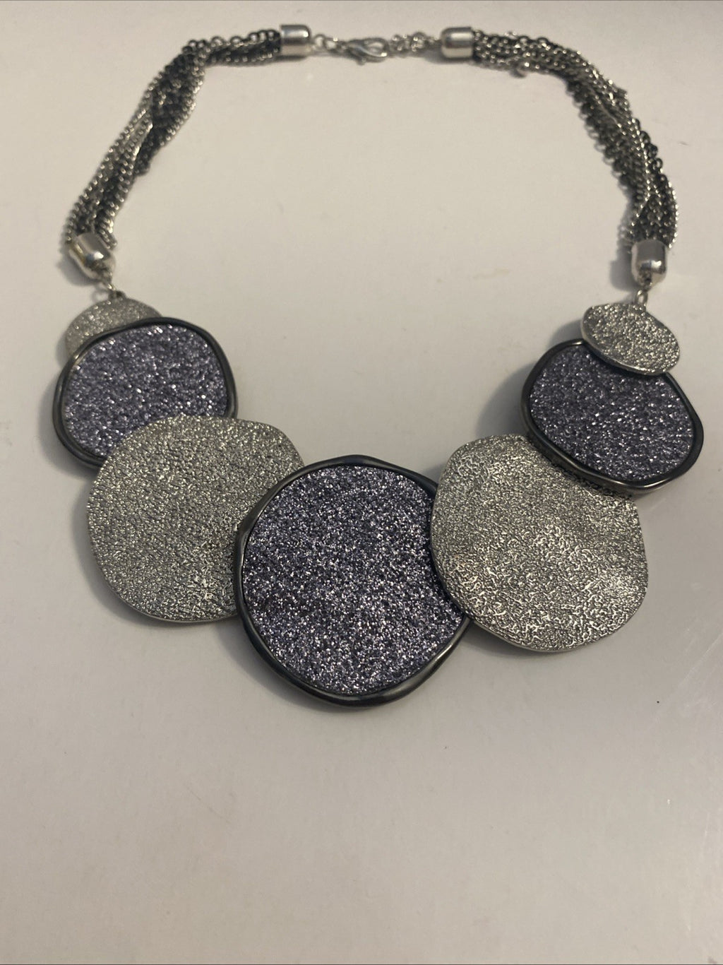 Shimmer Statement Collar Necklace with Silver Tone Disk Pedants