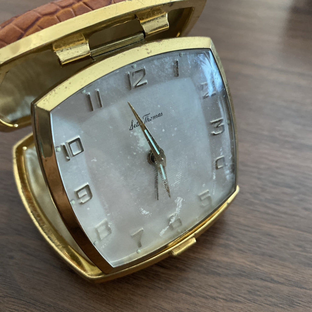 Seth Thomas Travel Alarm Clock Made In Germany Square Case Wind Up Works Vintage