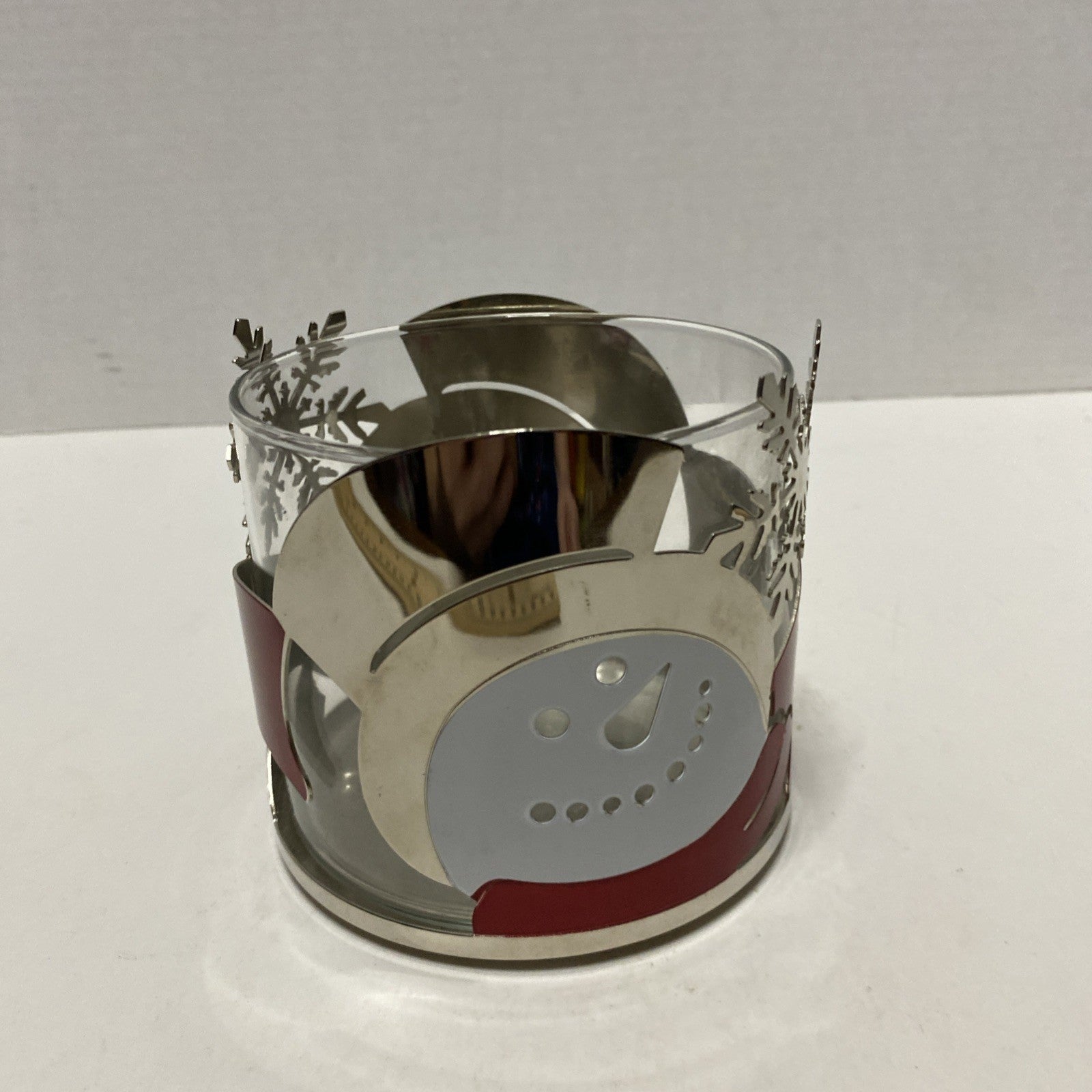 Bath & Body Works 3 Wick 14.5 oz  Candle Holder Silver Red Snowman Slatkin