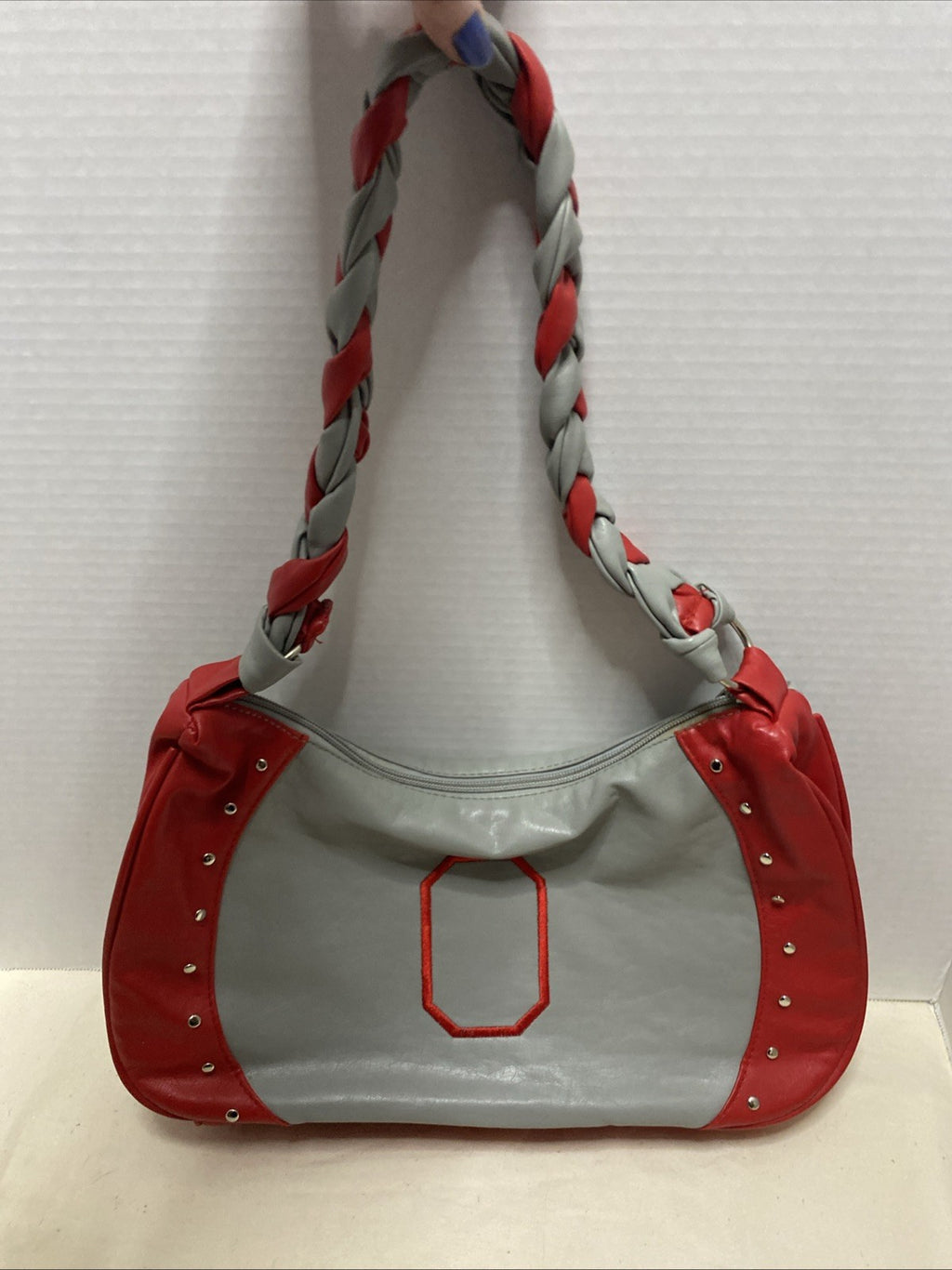 Ohio State Purse With Braided Scarlet And Gray Handle