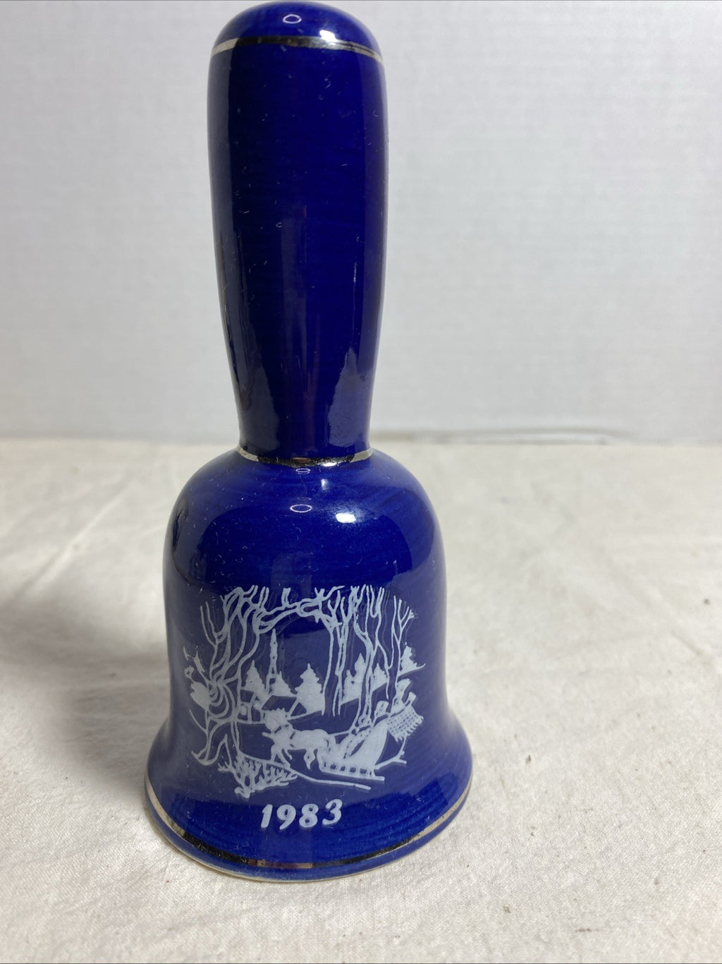 Small Vintage Bell blue with Victorian couple Winter Scene