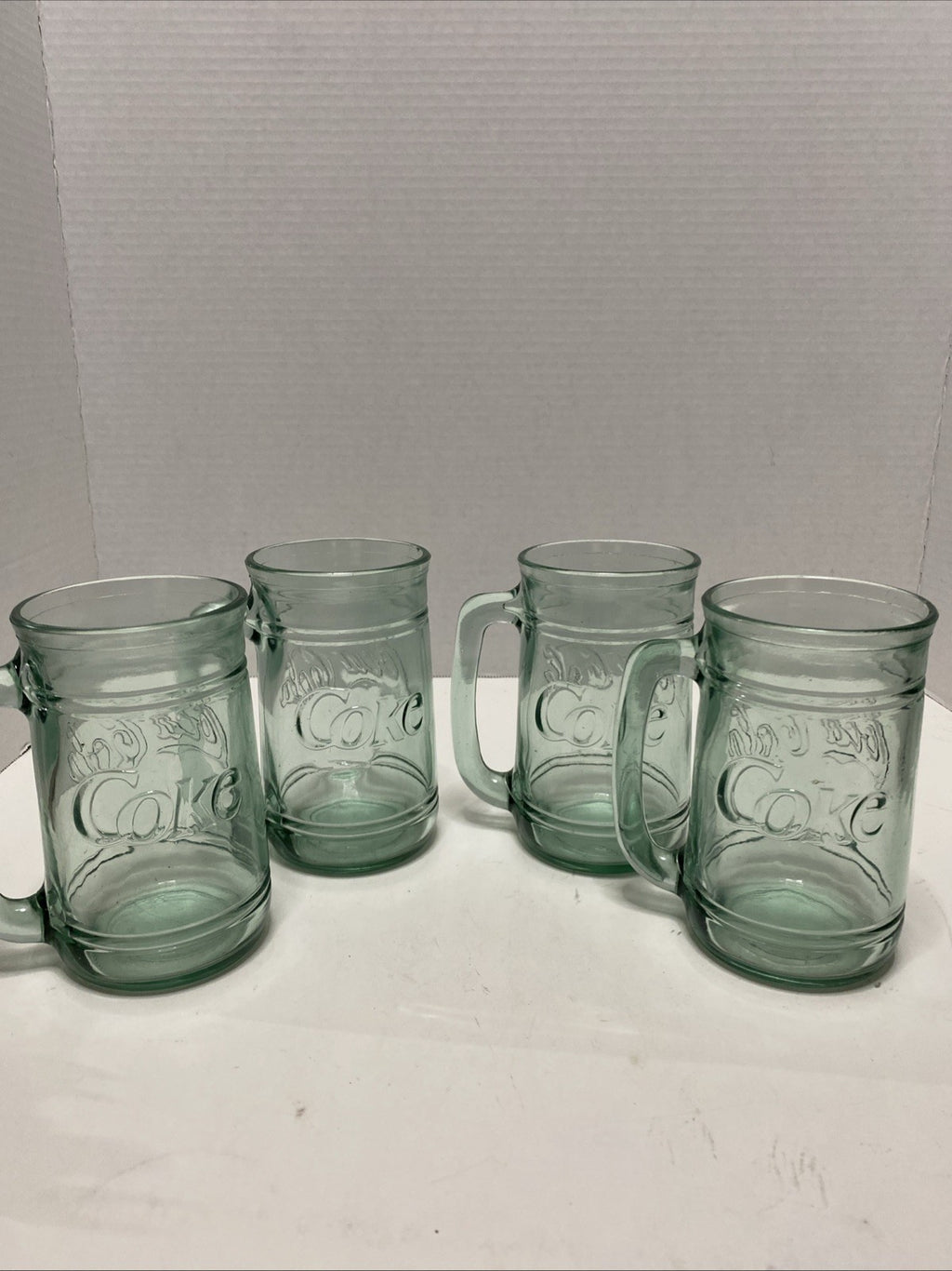 Set of 4 Vintage COCA-COLA Green Glass Coke Mugs Stein w/ Handle 16 oz Heavy