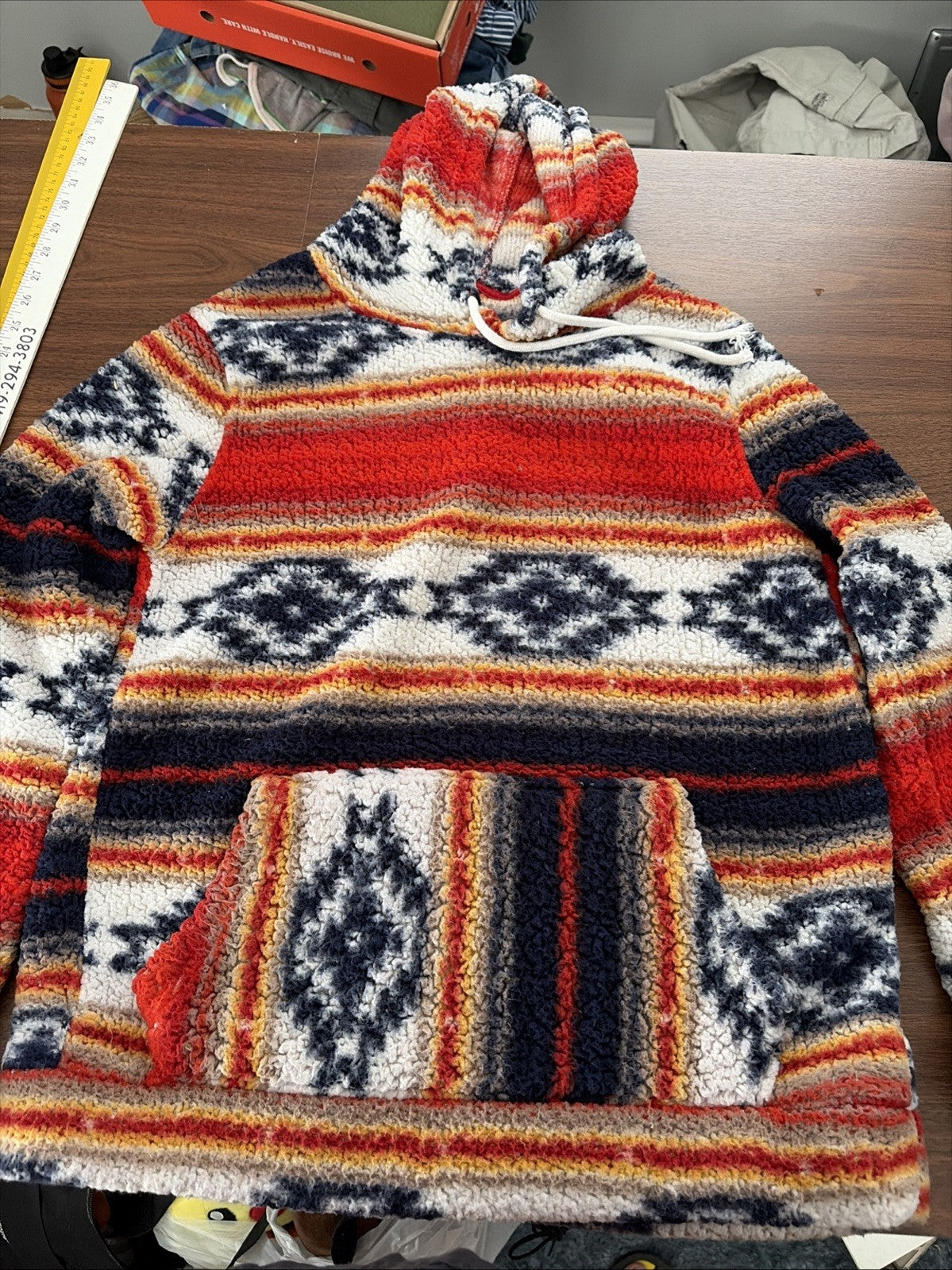 Brooklyn Cloth Mens Aztec Hoodie Small Red Kanga Pullover Southwestern Stripe