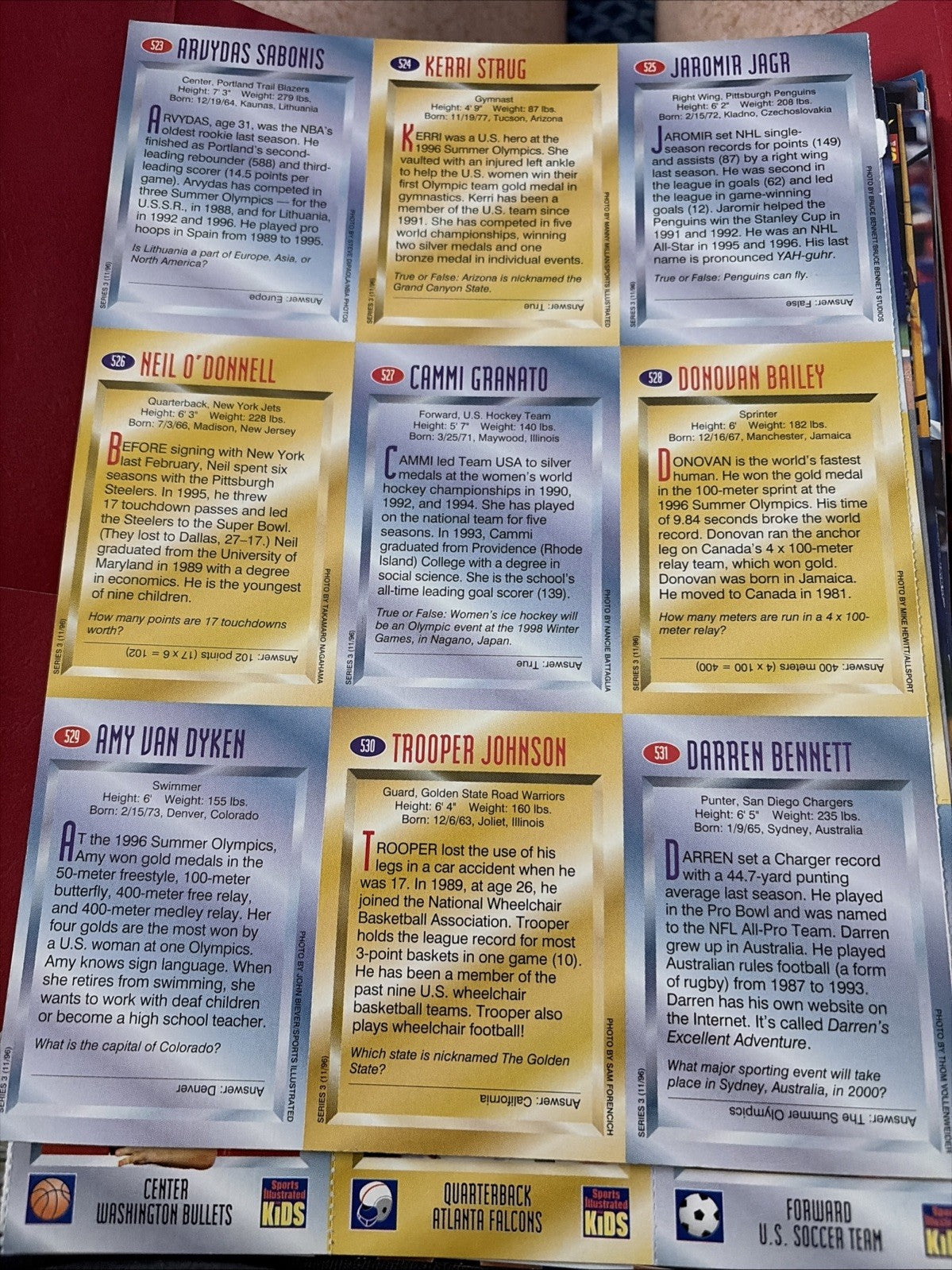 Sports illustrated for Kids UNCUT Card Sheet - Have, Sabonis, Kerri Strug