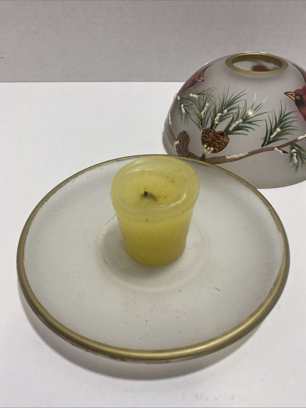 Dennis East International Frosted Glass Candle Holder Cardinal and Winter Pine