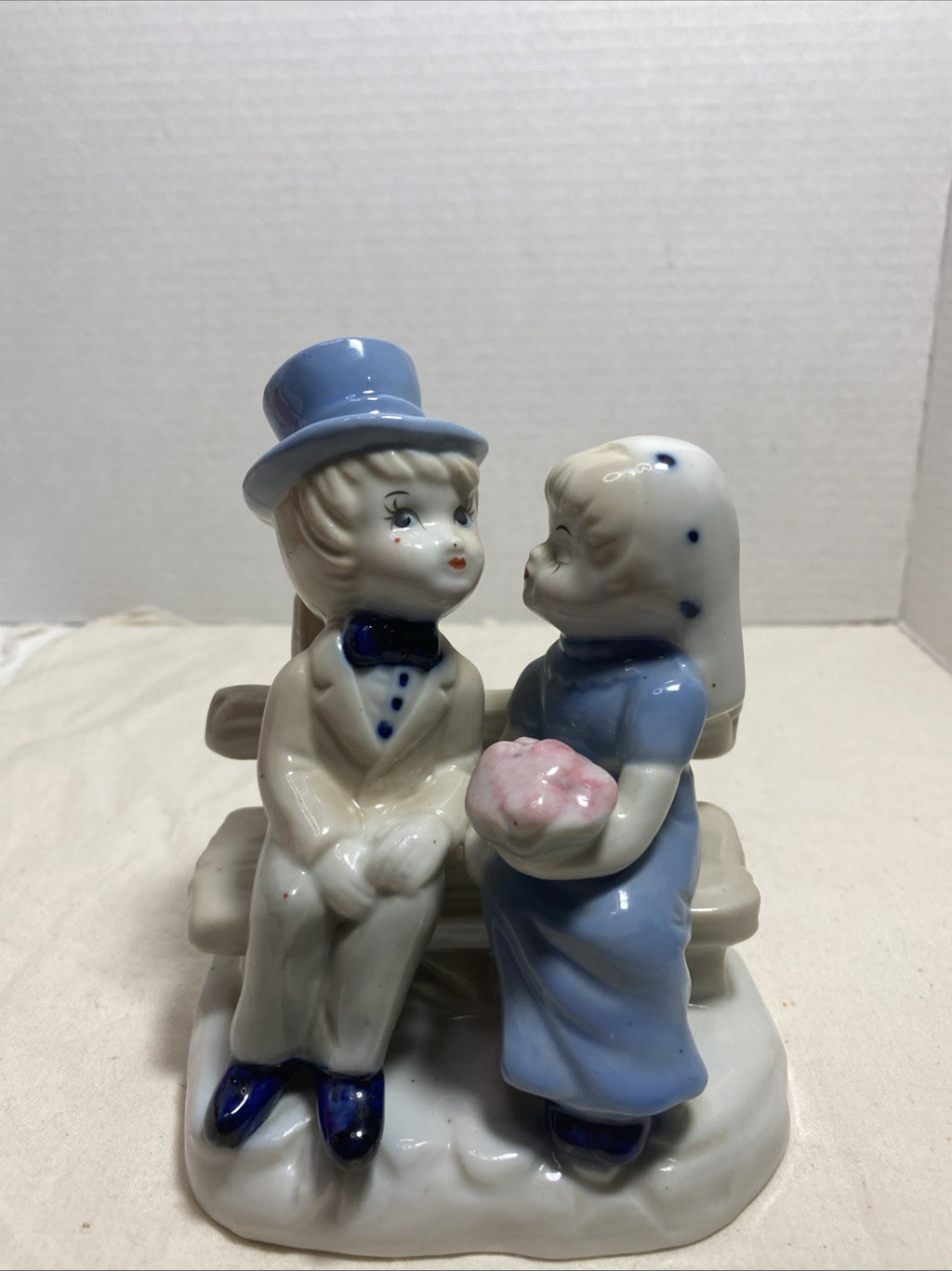 Vintage Bride And Groom Couple On Bench Porcelain Ready For Kiss