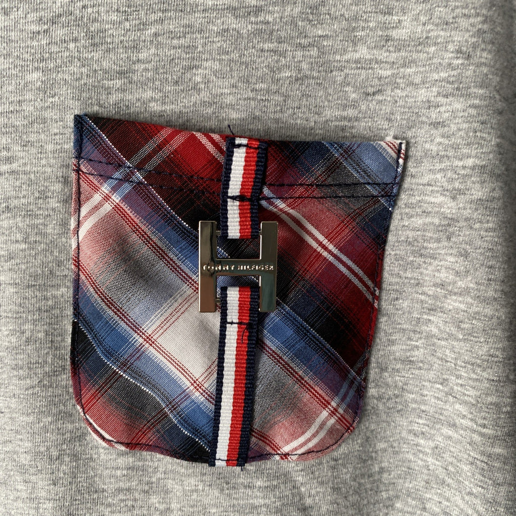 Tommy Hilfiger 3/4 Sleeve Gray Crewneck T-Shirt Plaid Chest Pocket Womens XL