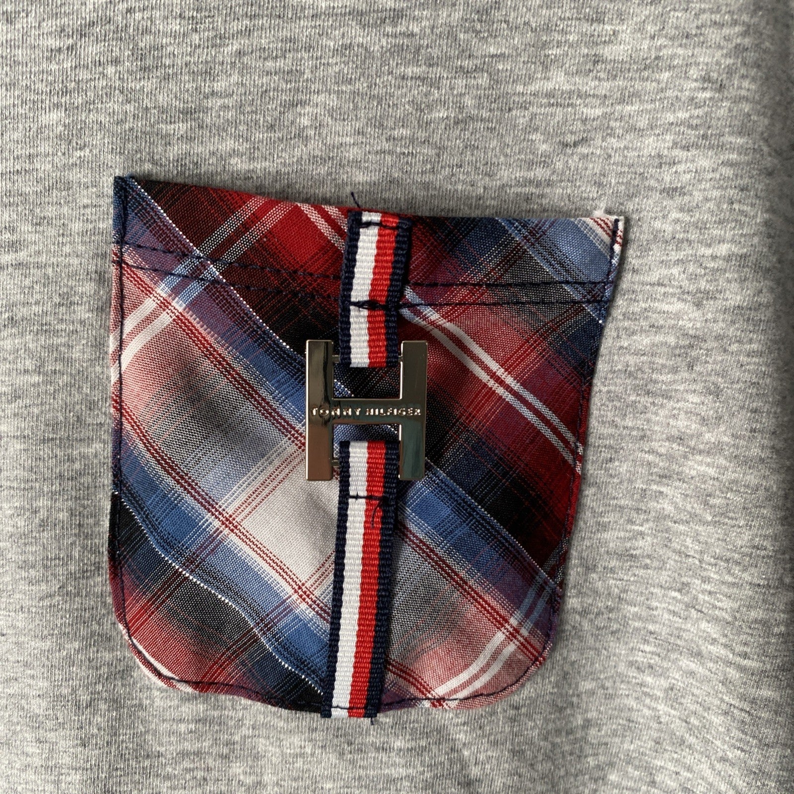 Tommy Hilfiger 3/4 Sleeve Gray Crewneck T-Shirt Plaid Chest Pocket Womens XL