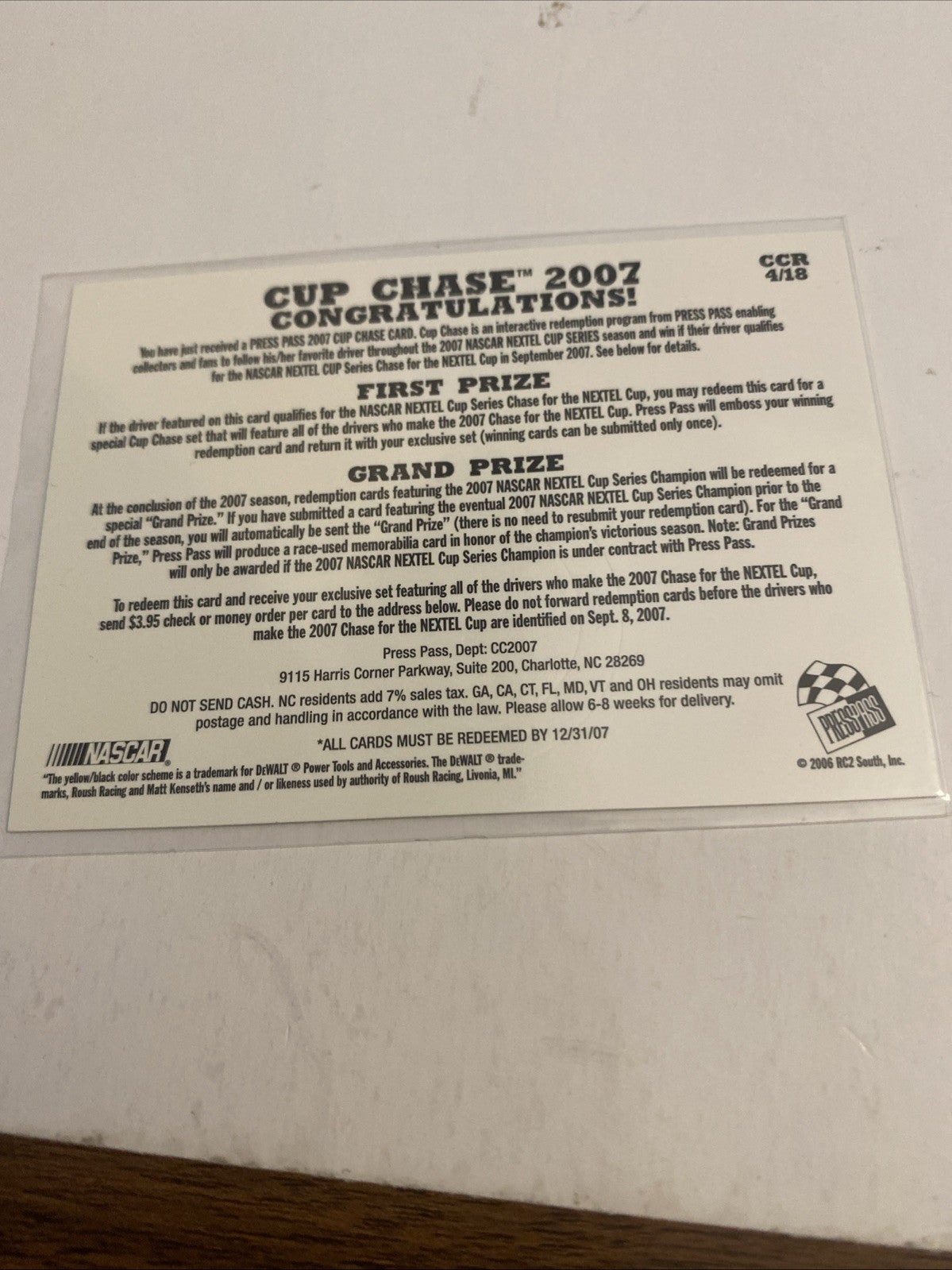 MATT KENSETH 2007 PRESS PASS NASCAR CUP CHASE #CCR4 (H-1320)
