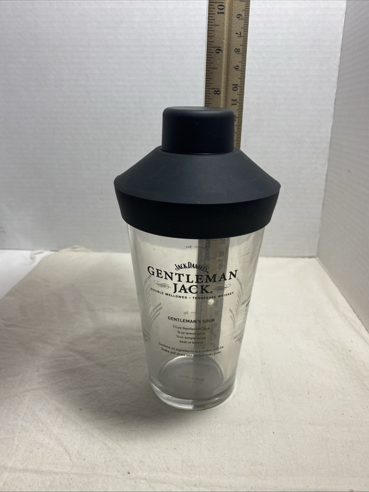 Jack Daniel's Gentleman Jack whiskey cocktail shaker glass with a silicone top