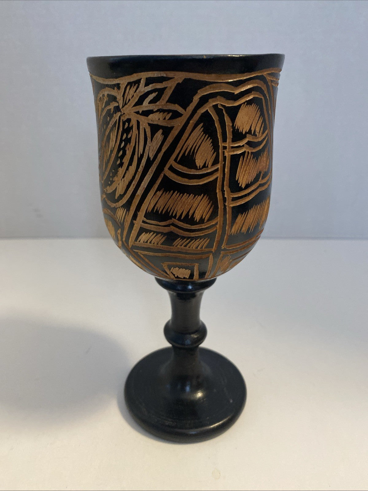 Vintage Black Hand Carved Wooden Stemmed Goblet Light Brown Interior 7.25” (B6)