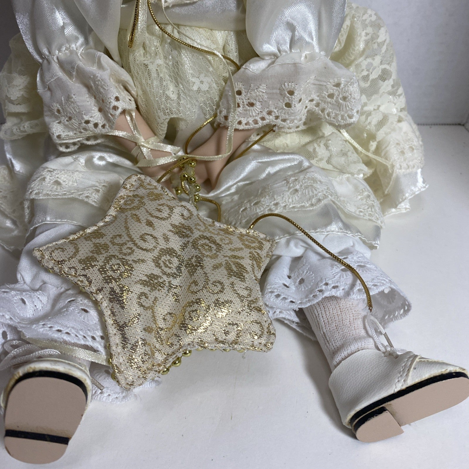 18” Porcelain Angel Doll with Gold Embellished White Satin & Lace Dress