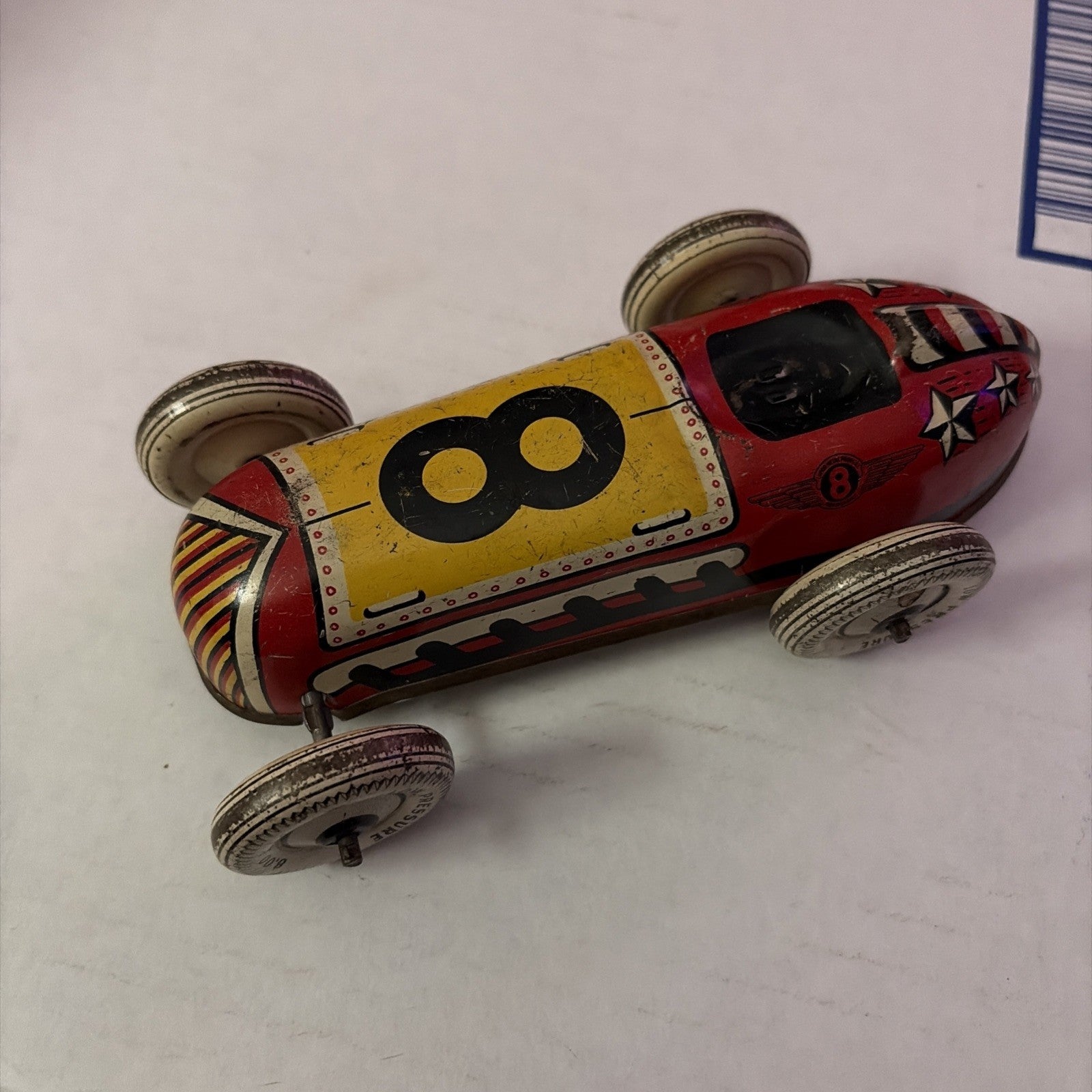 Vintage Lupor Red Yellow Toy Tin Race Car no. 8 No Driver