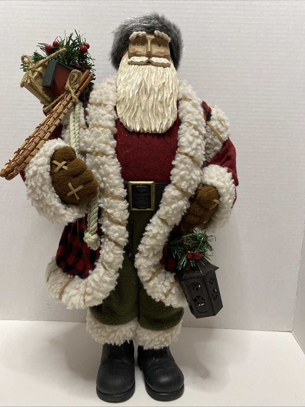 Vintage Old World Santa 19inch W/ Presents and Lantern Woodsy Christmas