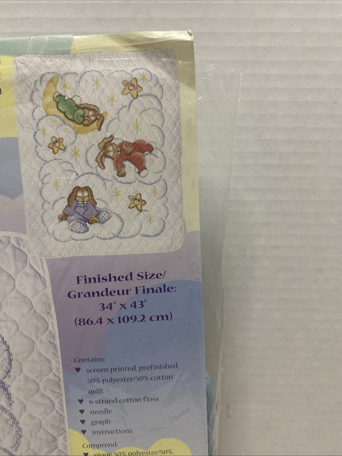 Janlynn Stamped Cross Stitch Quilt Kit Heaven Sent Bunnies on Clouds 54-103