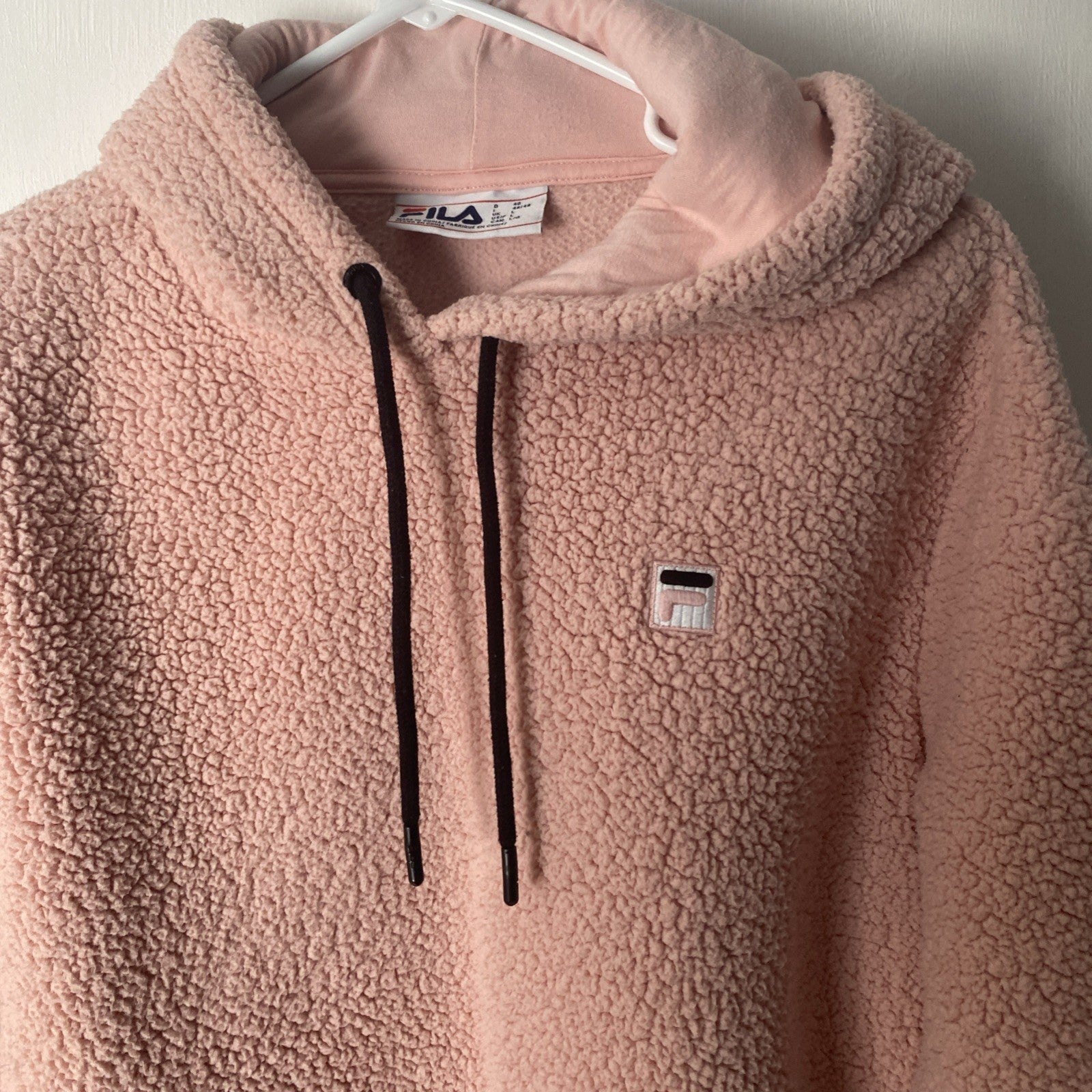 FILA Pink Sherpa Hoodie Logo Polyester Fleece Womens sz L