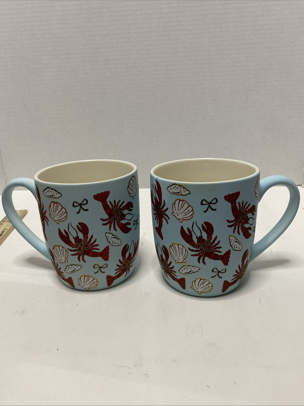 Sheffield Home Red Lobsters Seashells & Bows Soft Touch Blue Coffee Tea Mug Set2