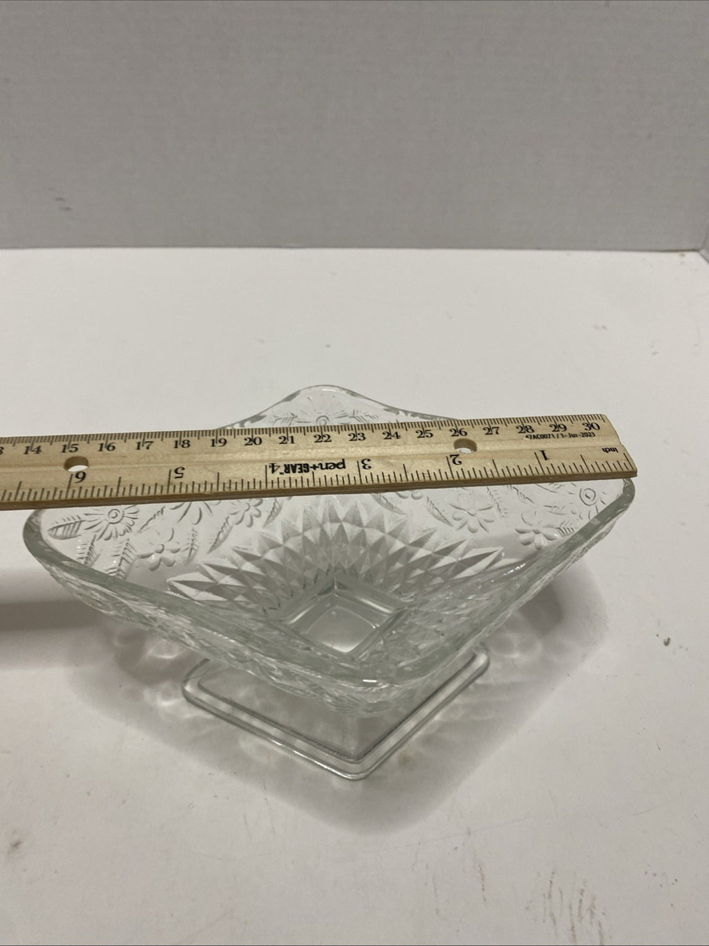 Vintage Clear Indiana Glass Diamond Shaped Footed Floral Nut/Trinket/Candy Dish