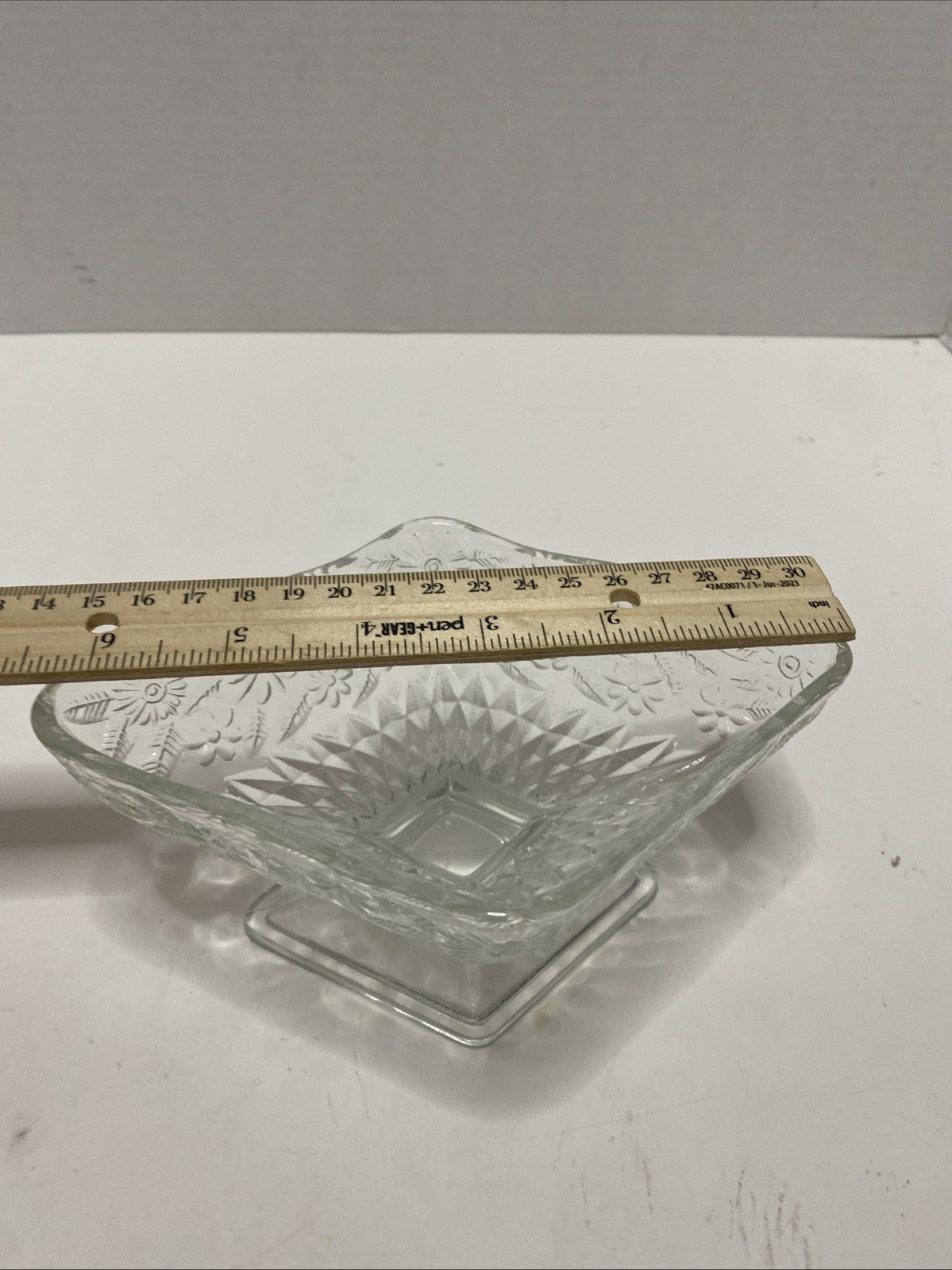 Vintage Clear Indiana Glass Diamond Shaped Footed Floral Nut/Trinket/Candy Dish