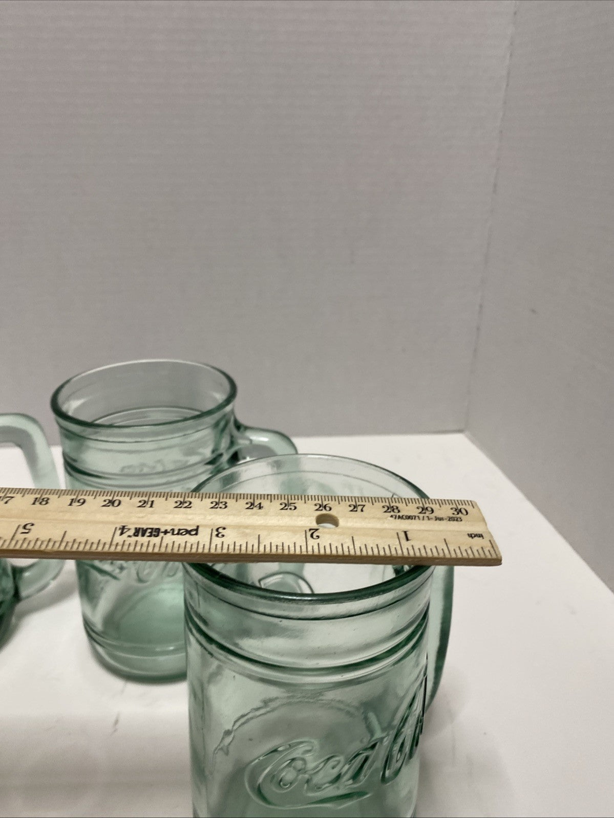 Set of 4 Vintage COCA-COLA Green Glass Coke Mugs Stein w/ Handle 16 oz Heavy