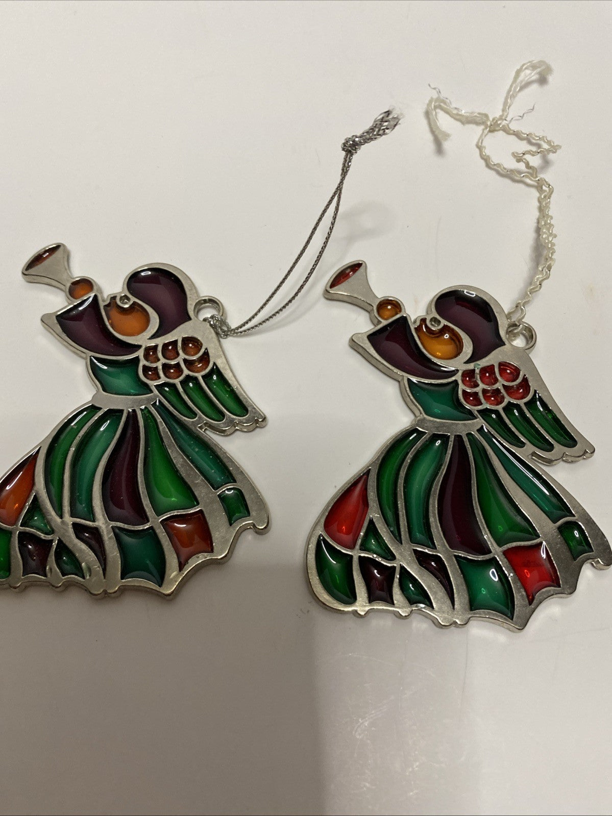 3 Vintage Russ Berrie Stained Glass Style Holiday Christmas Ornaments Angel Drum