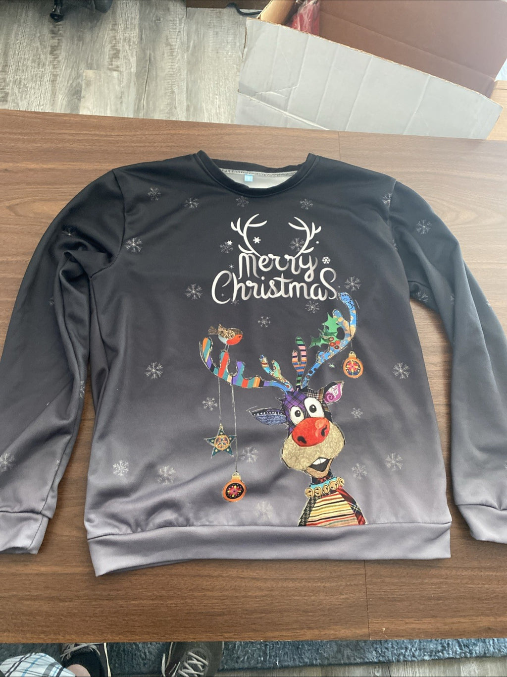 Merry Christmas Long Sleeve Stretch Top Reindeer w/Multi-Color Antlers -Size Med