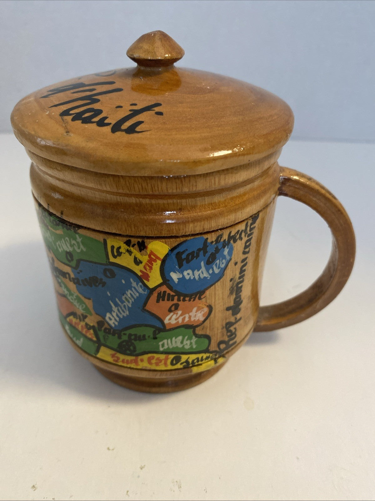 Republic of Haiti Handcrafted Turned Hand Painted Wood Tourist Cup Mug with Lid 