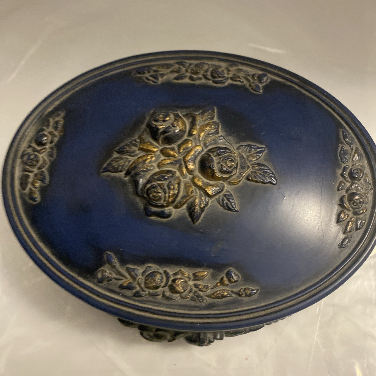 Blue and Gold Hand Painted Trinket Dresser Box w/ Lid Raised Roses Oval 6"x5"x1"