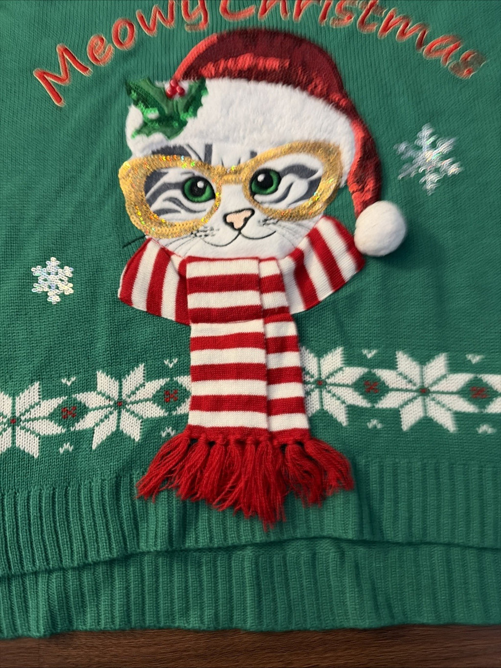 Isela Womens Meowy Christmas Sweater Cat Sequin Bells Pom Pom Multicolor Large